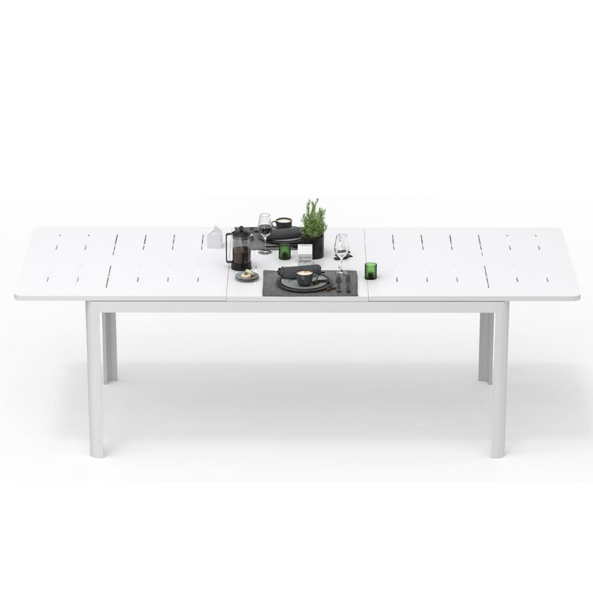 Modern white extendable dining table with slatted top and minimalist design
