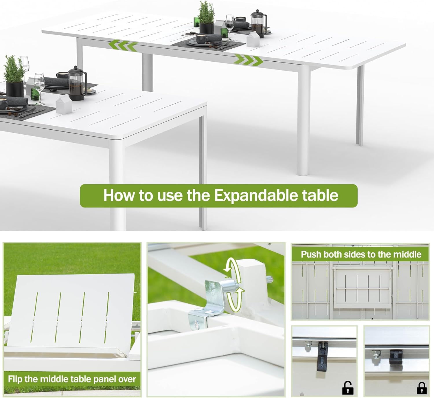 White metal expandable dining table set for outdoor use