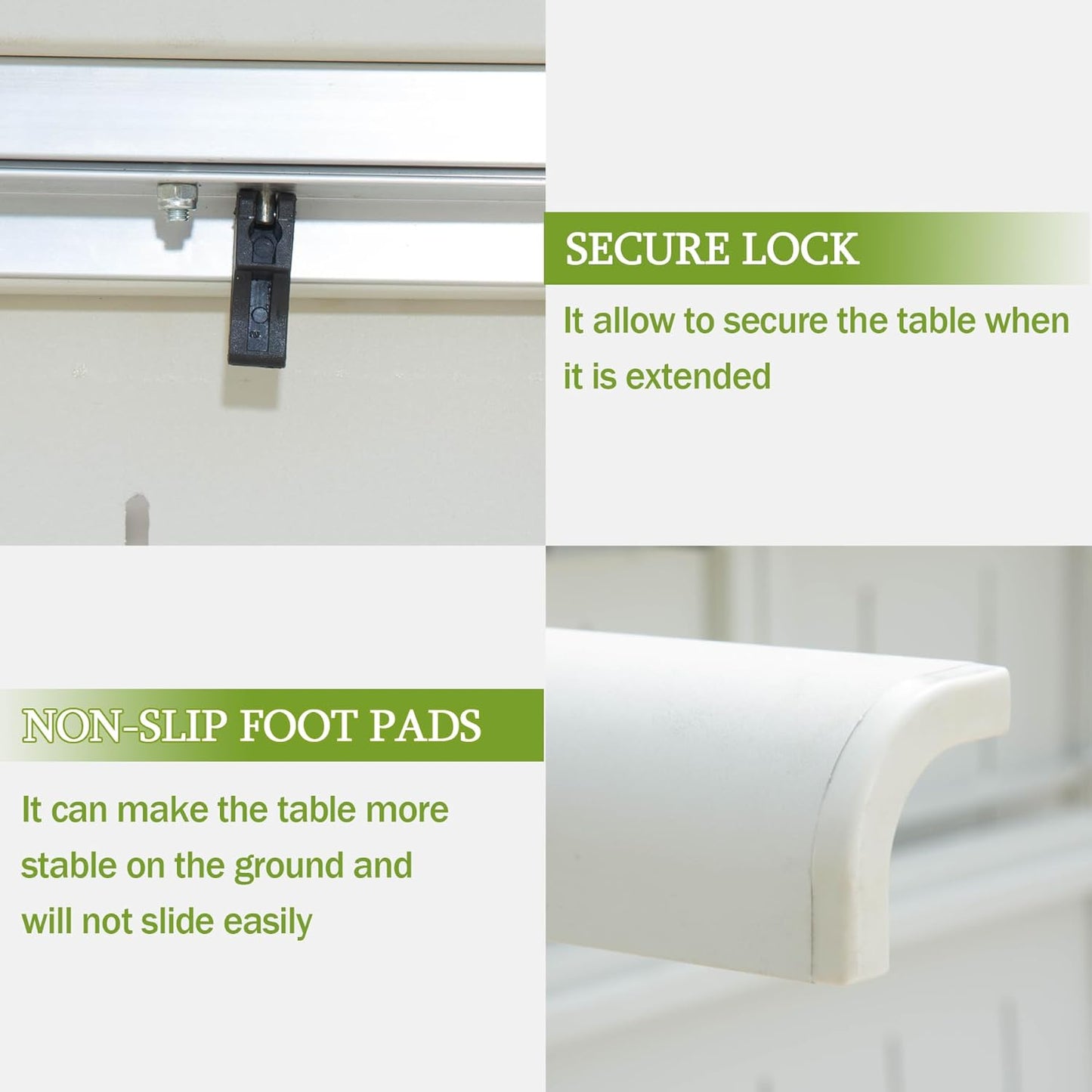 Closeup of a black secure lock mechanism on a metal track ensuring table stability