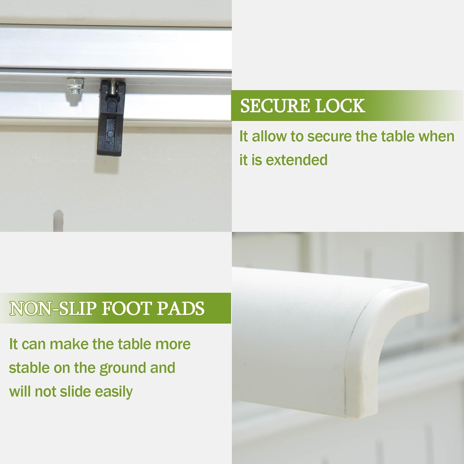 Closeup of a black secure lock mechanism on a metal track ensuring table stability