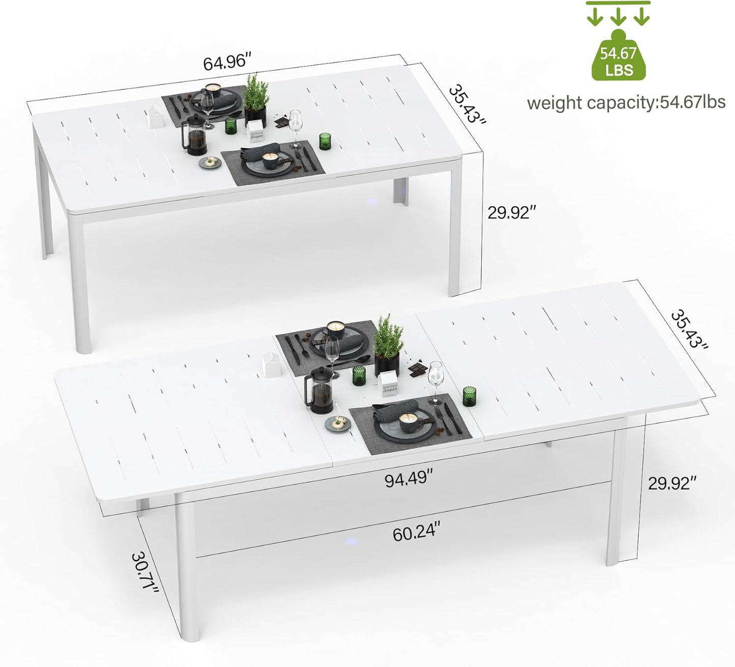 White extendable dining table with slatted top and modern legs  length