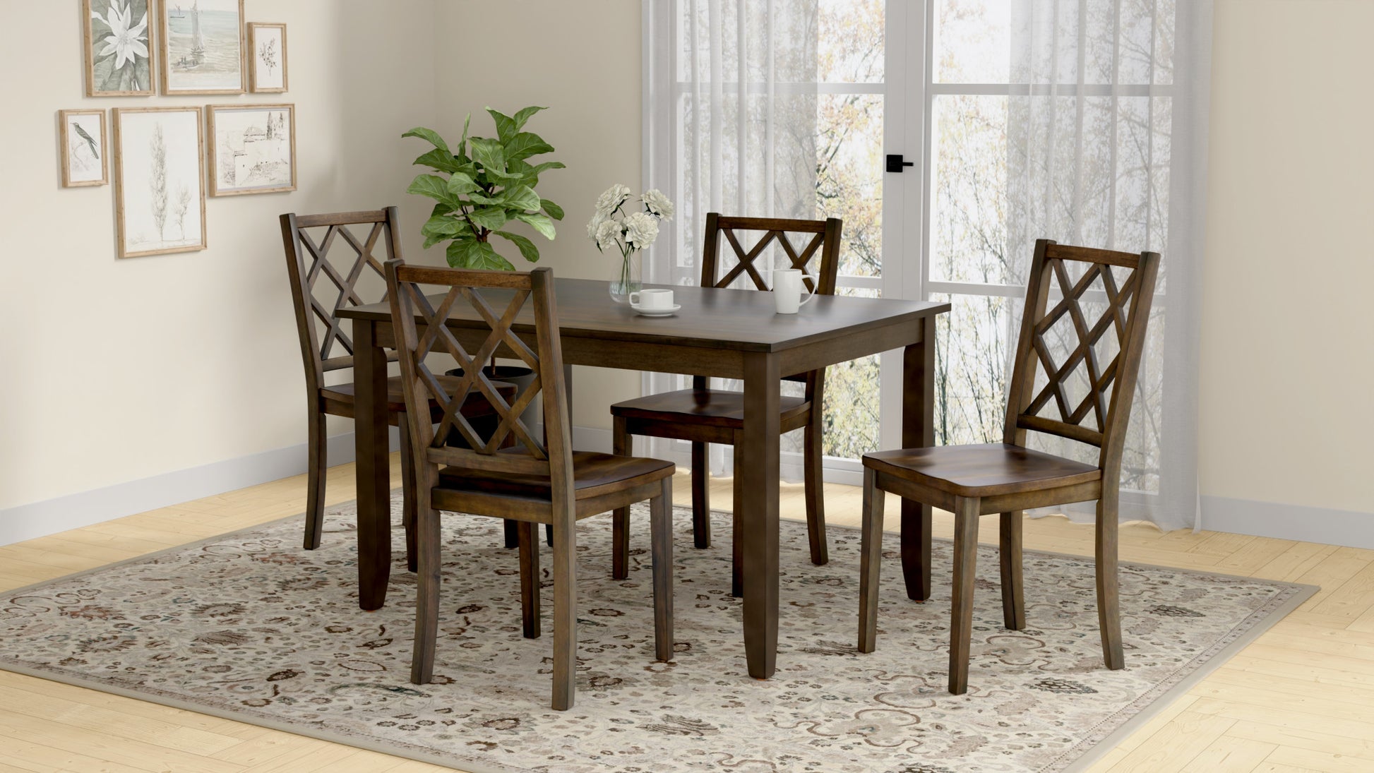 Dark brown wood dining set with diamondpatterned chairs