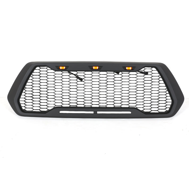 Black honeycomb grill with amber LED lights for trucks