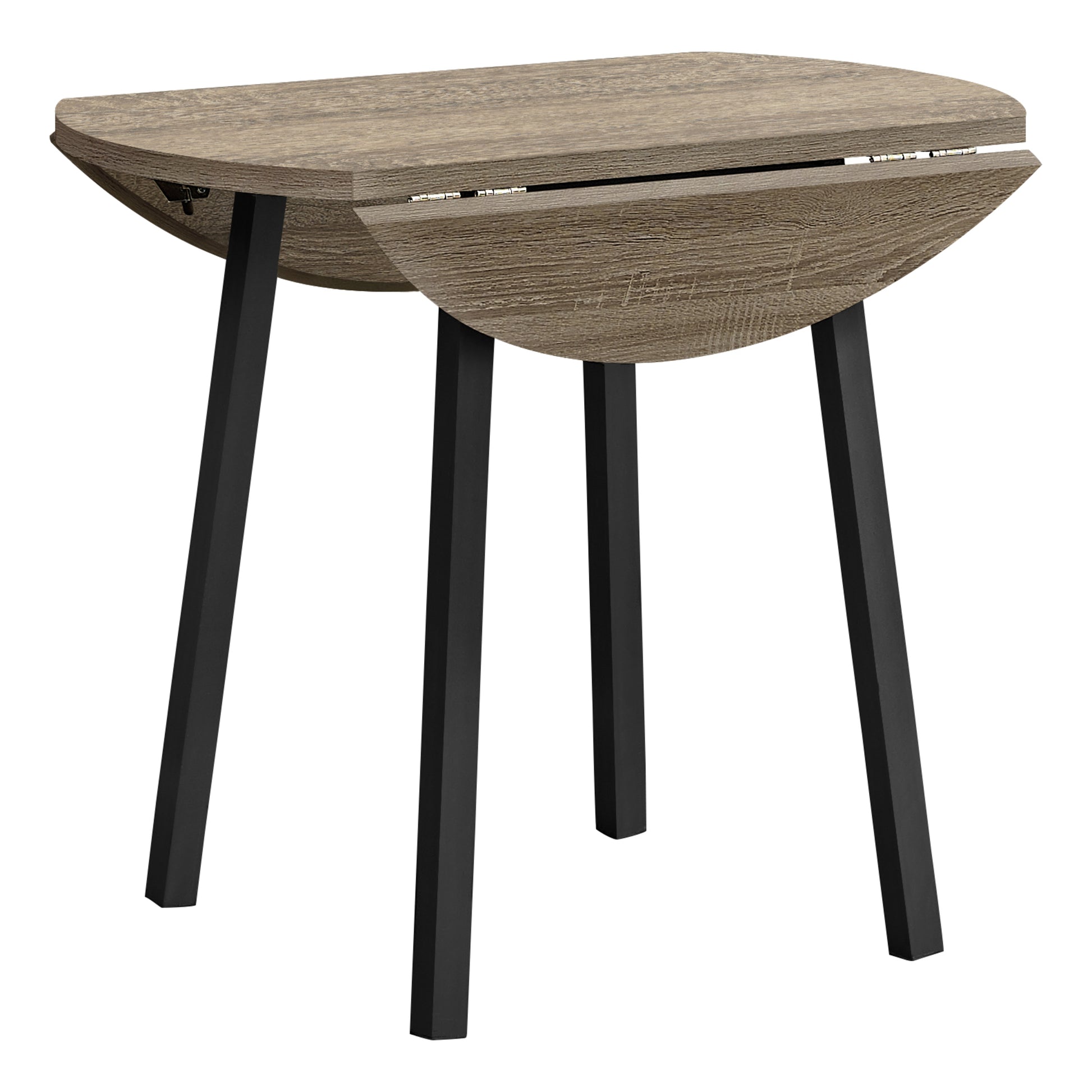Foldable dropleaf table with distressed wood top and black metal legs