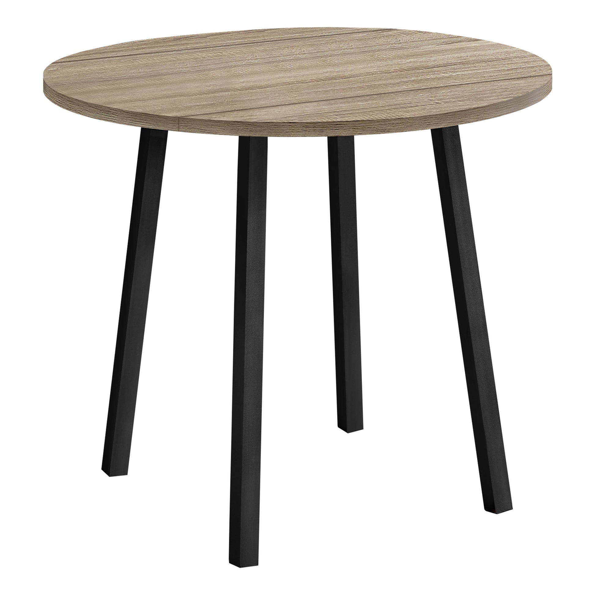 Round oak veneer accent table with black metal legs