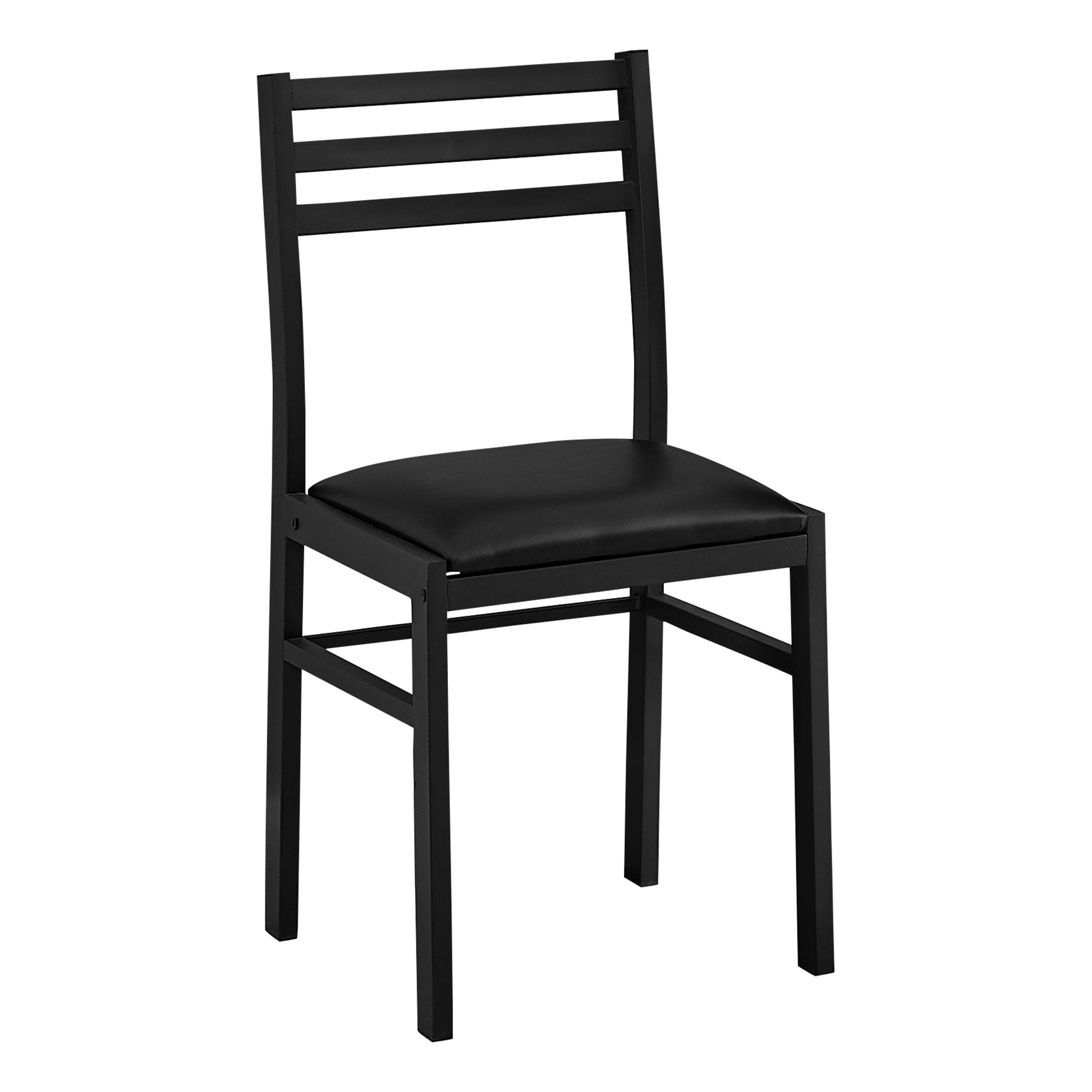 Sleek black metal dining chair with padded vinyl seat and horizontal back slats
