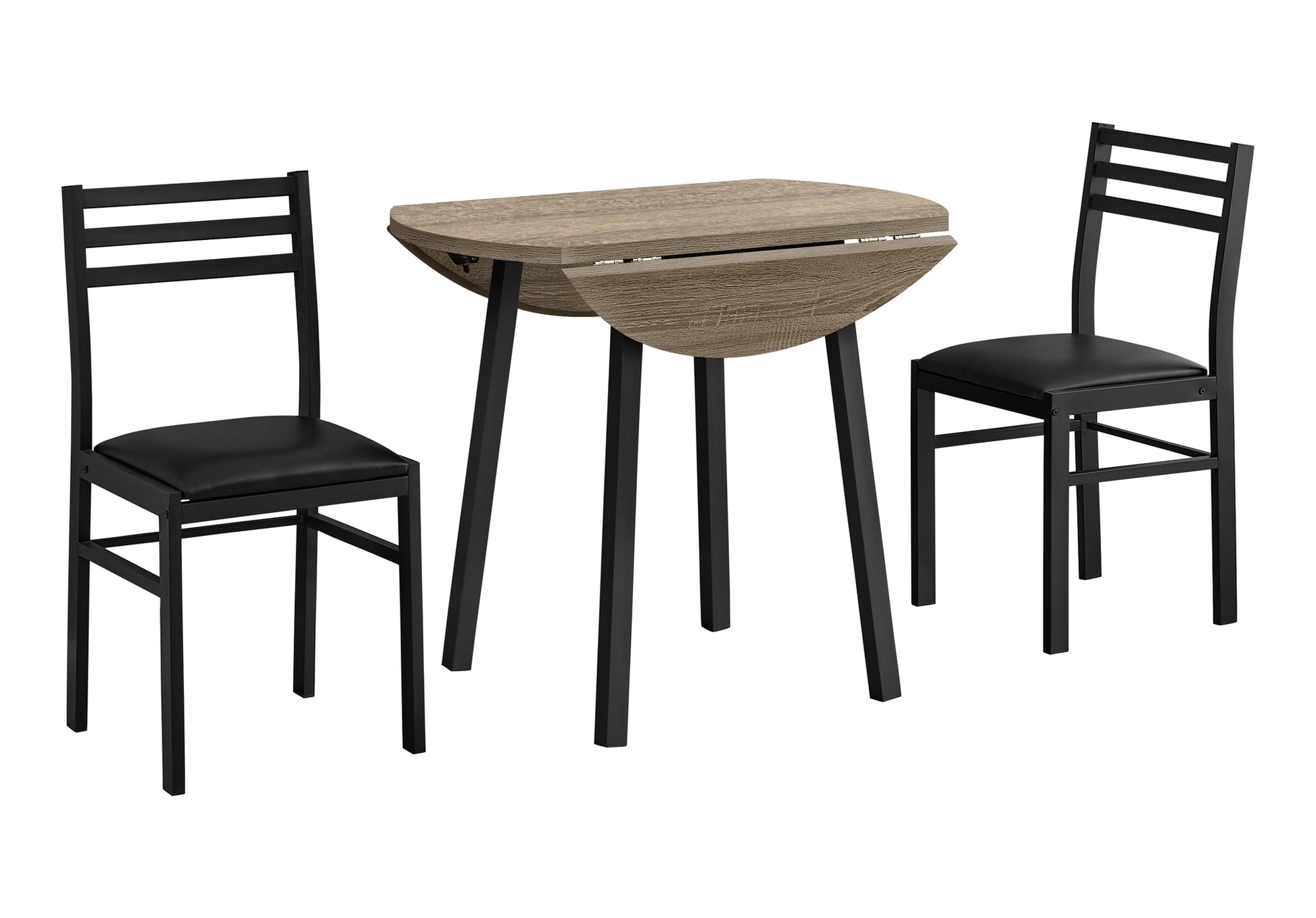 Drop leaf dining set with black metal chairs and woodgrain tabletop