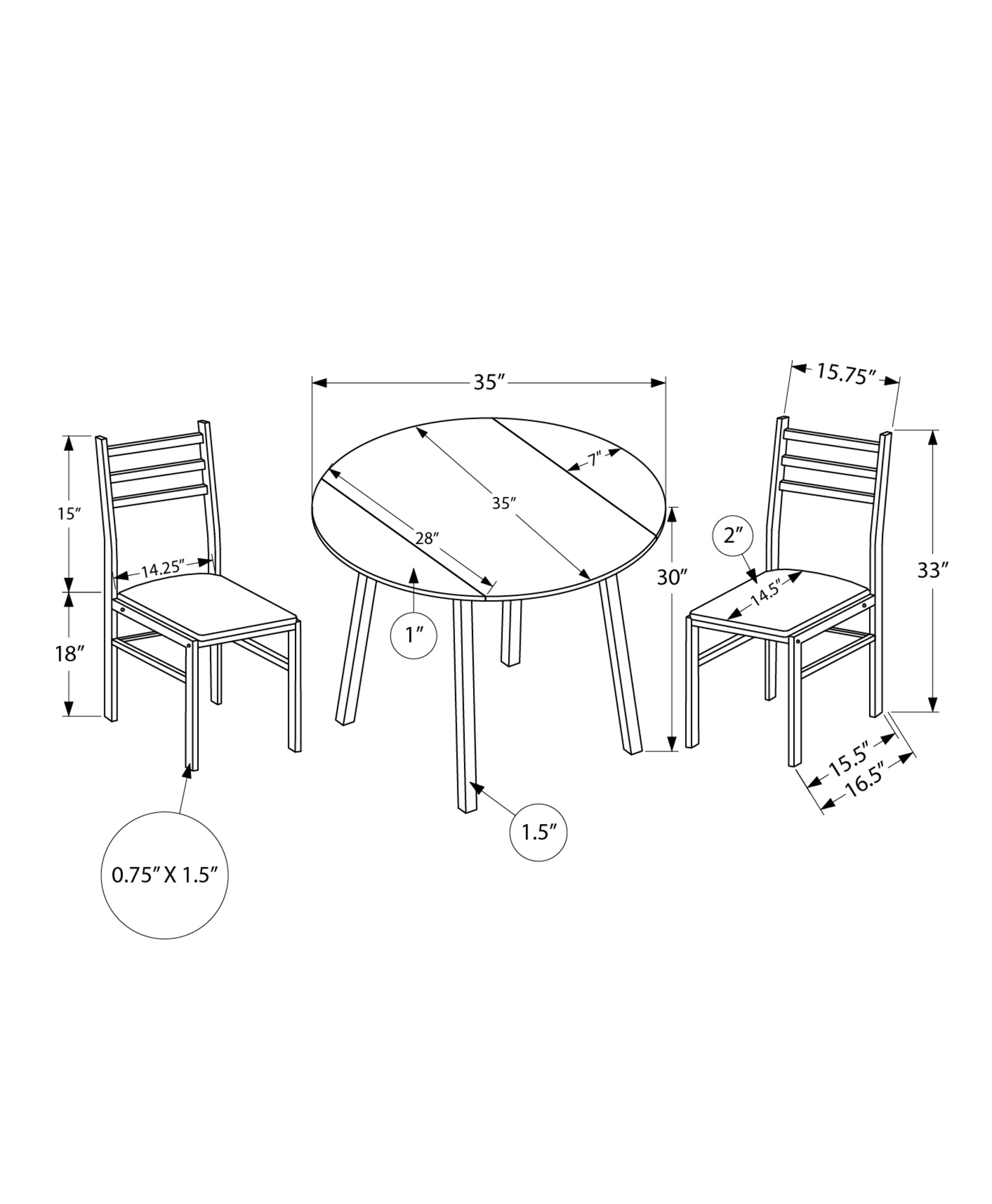 Round dining table and two chairs with dimensions labeled