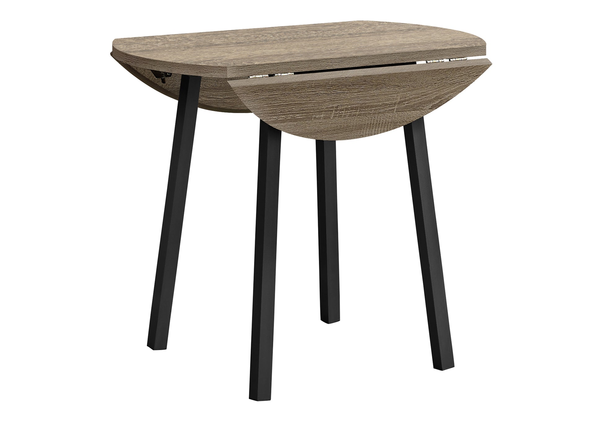 Brown wood dropleaf dining table with black metal legs