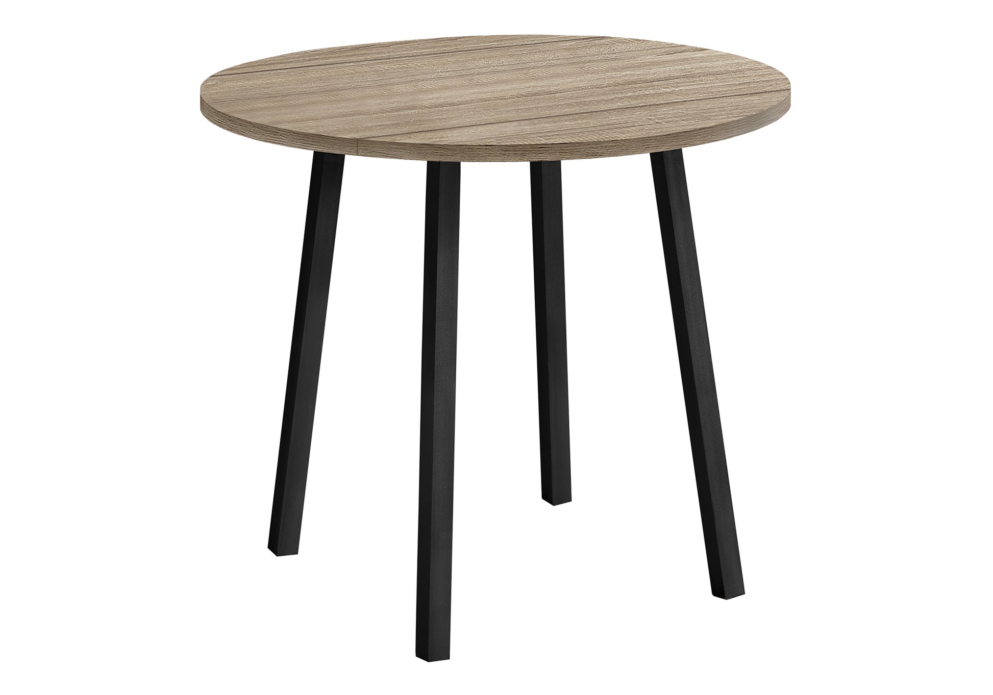 Round wood grain side table with black metal legs