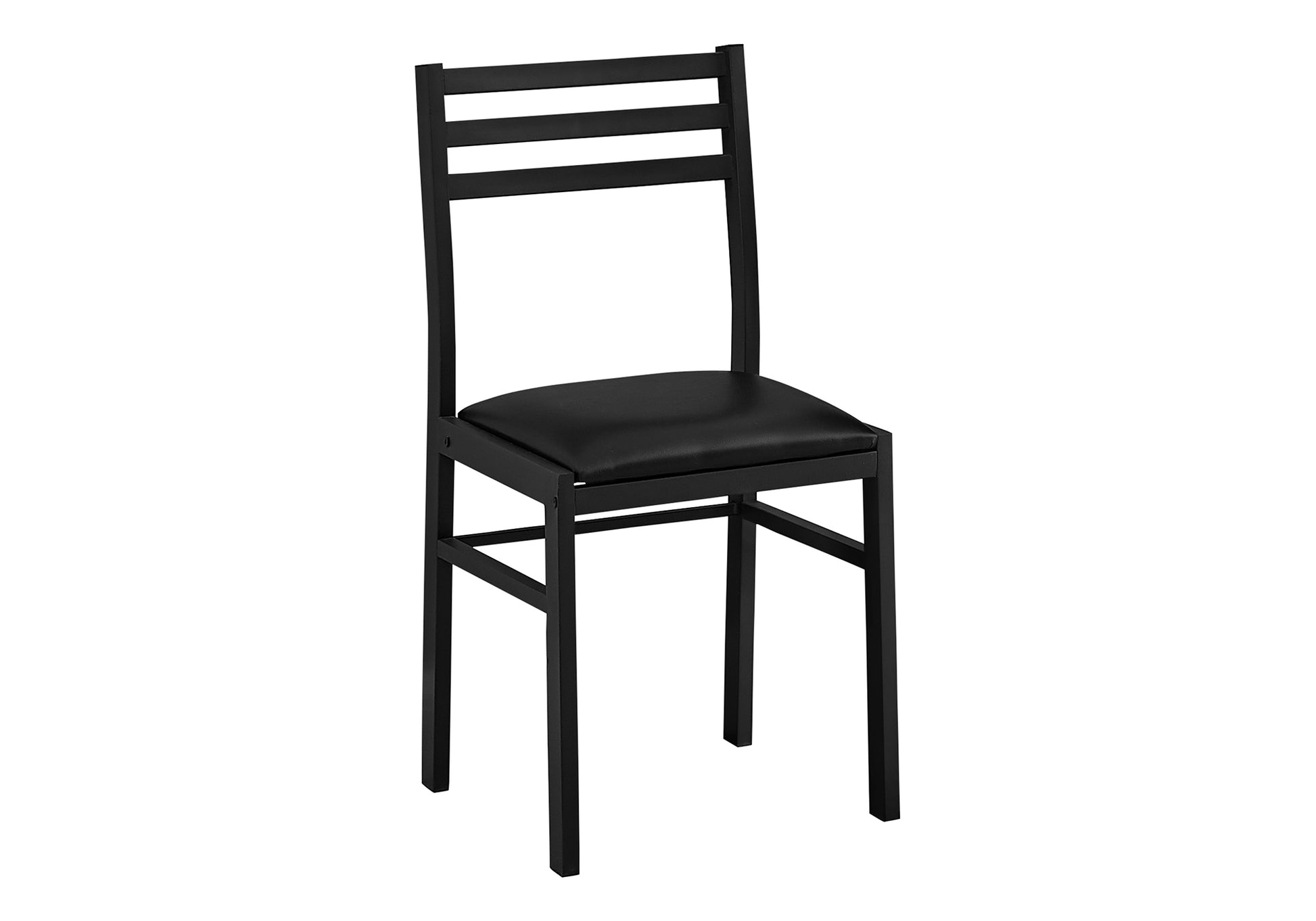 Black metal dining chair with padded vinyl seat and slatted back