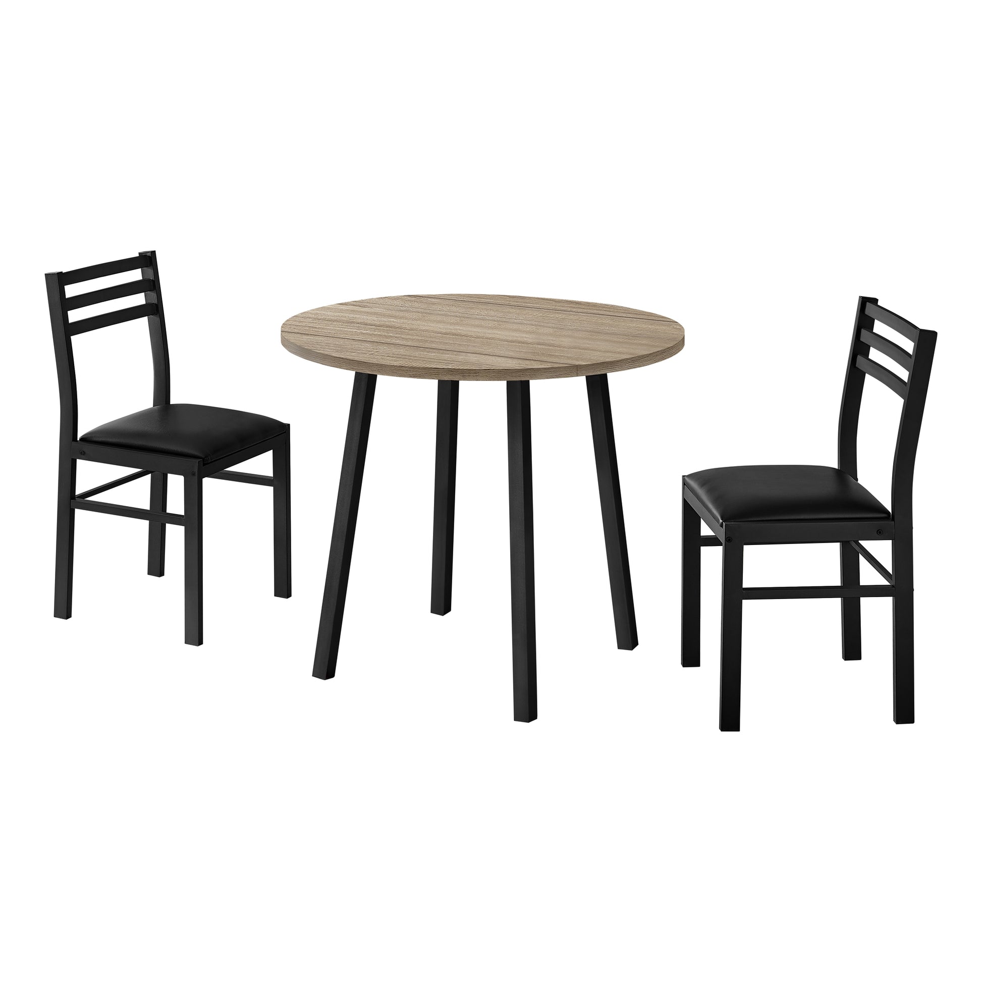 Round wood dining table and two black chairs