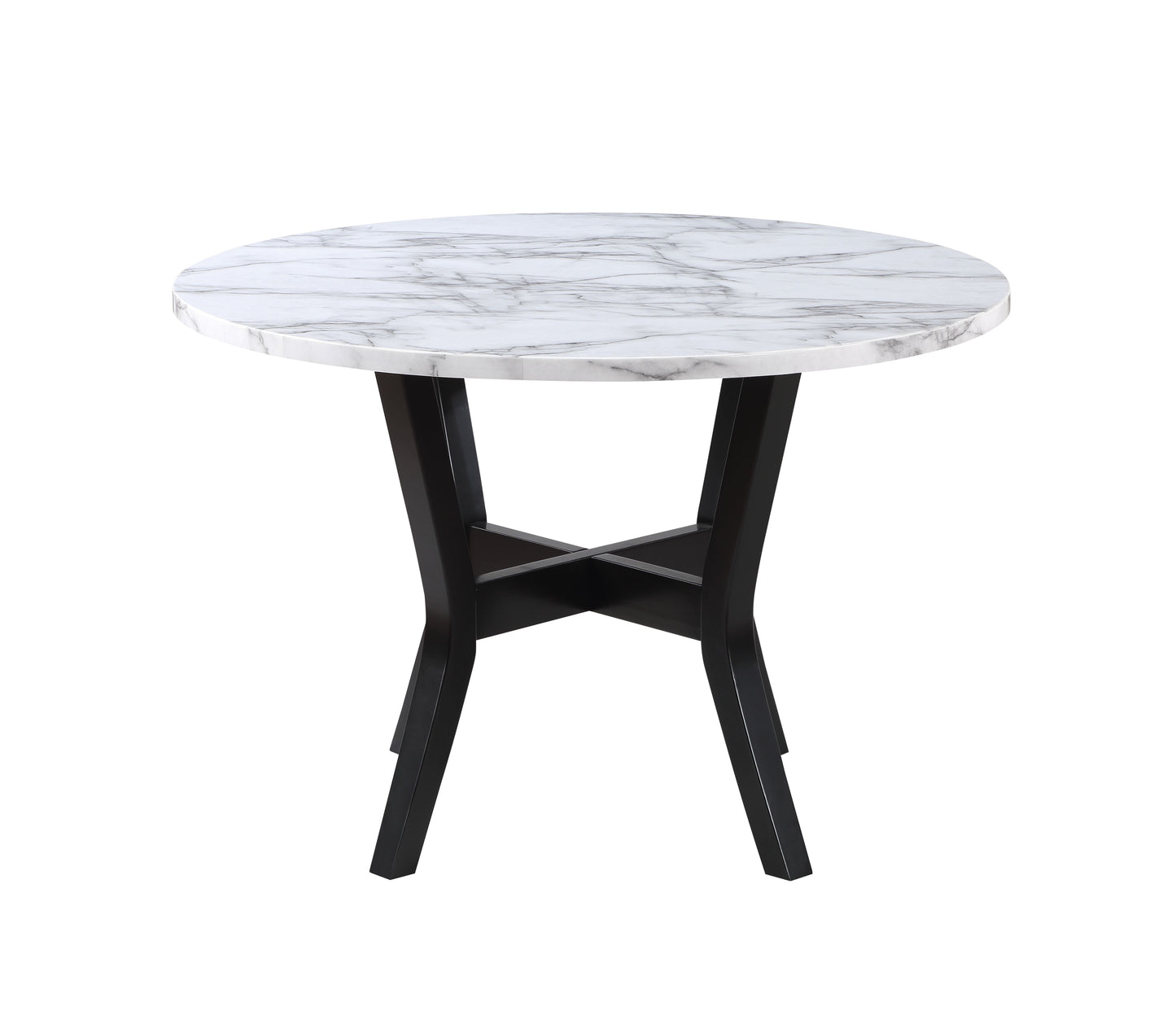 Round marble dining table with dark wood crisscross legs