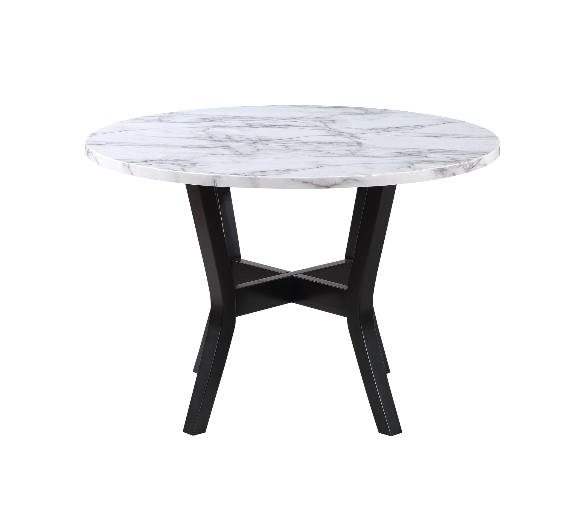 Round marble dining table with dark wood crisscross legs