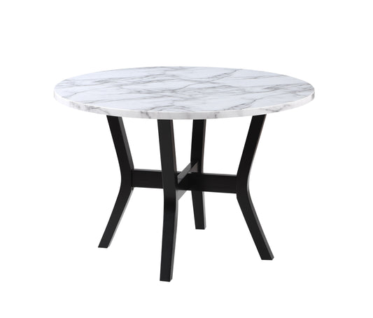 Round marblelook top dining table with black wooden pedestal base