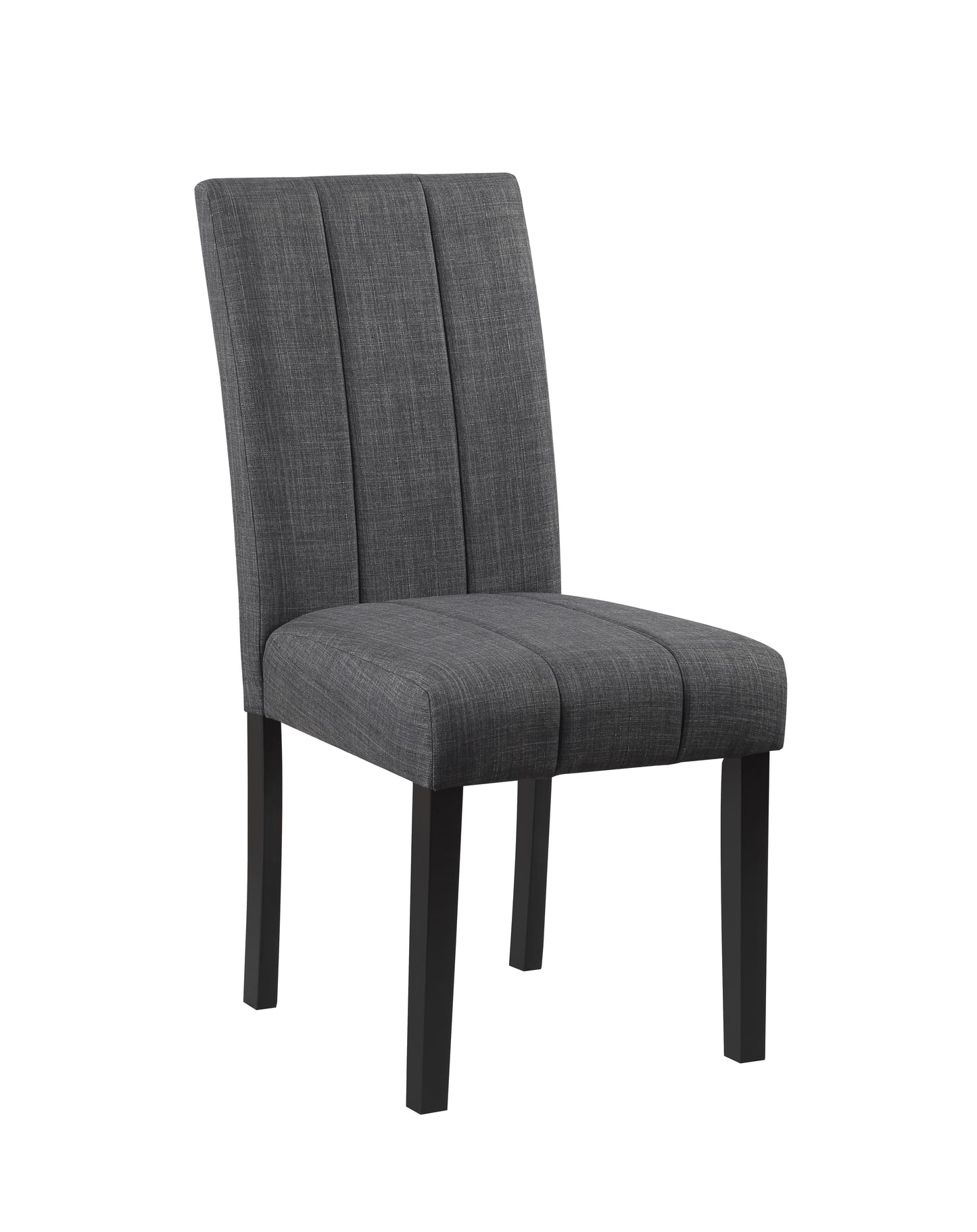 Tufted grey fabric dining chair with black wooden legs
