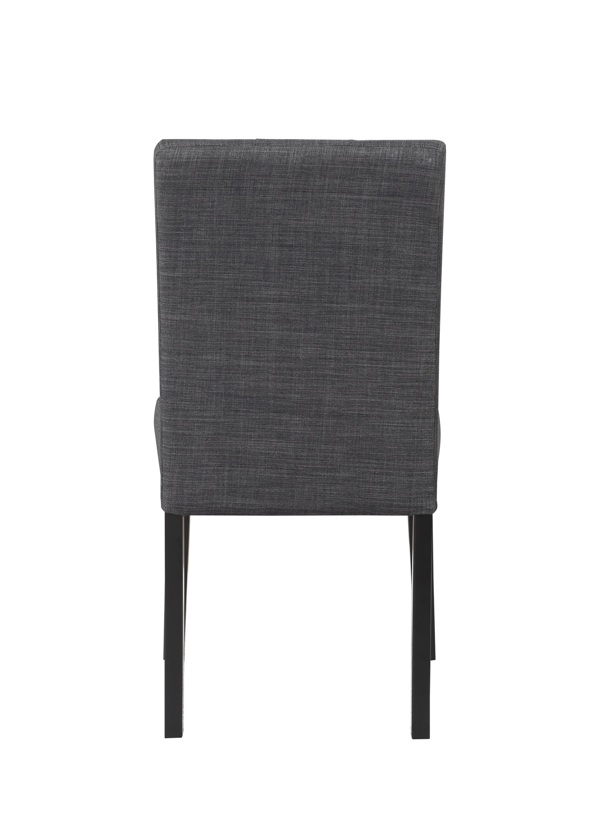 Back view of a dark grey upholstered dining chair with black wooden legs