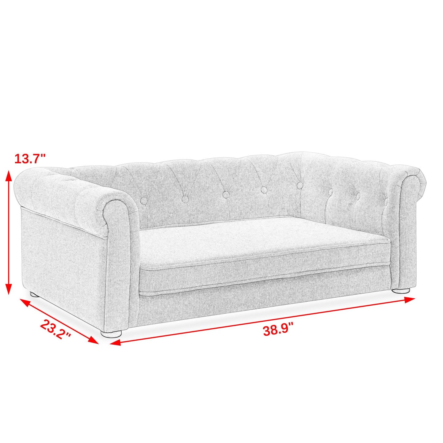 Tufted gray fabric sofa with rolled arms  length
