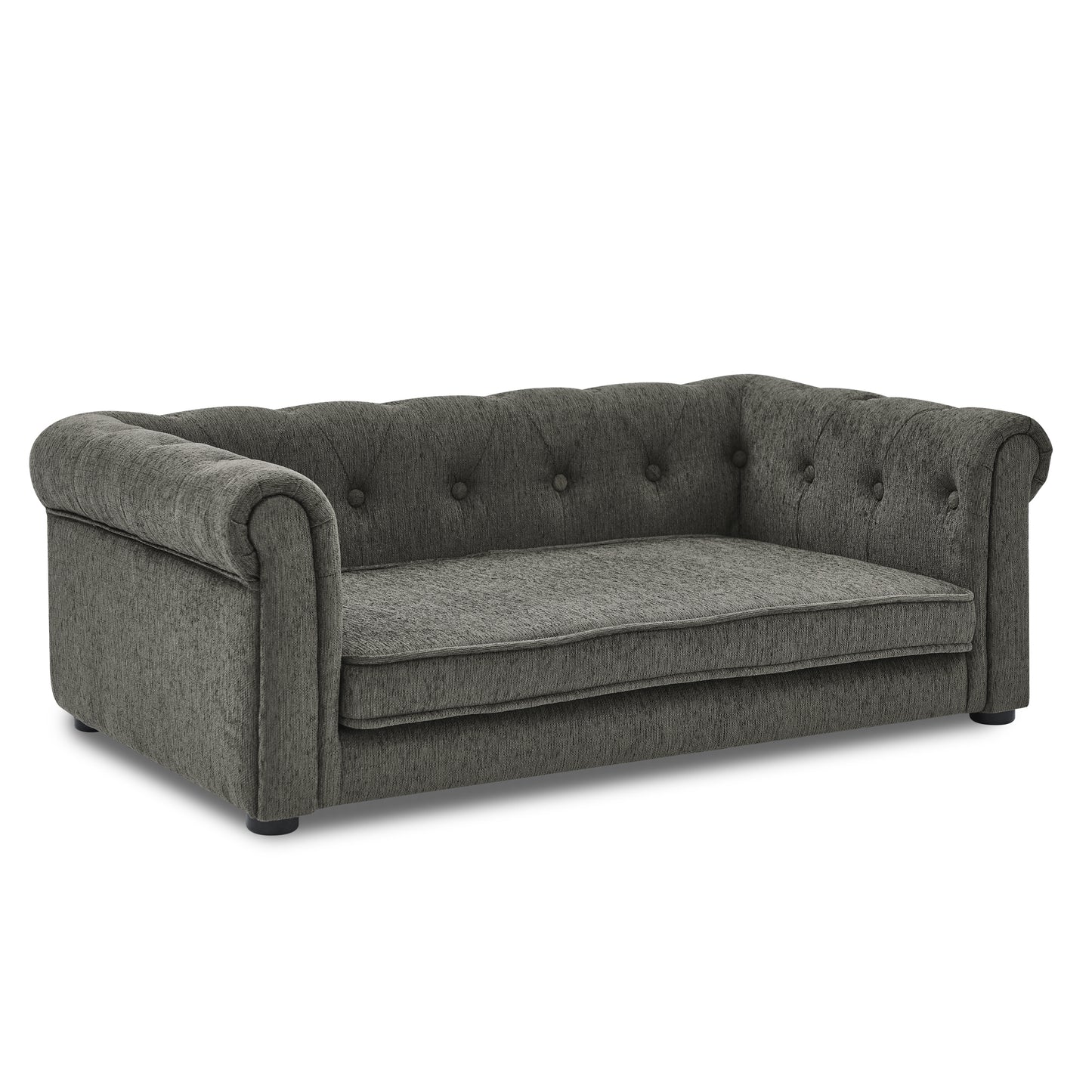 Dark grey tufted chesterfield pet sofa with rolled arms and padded cushion