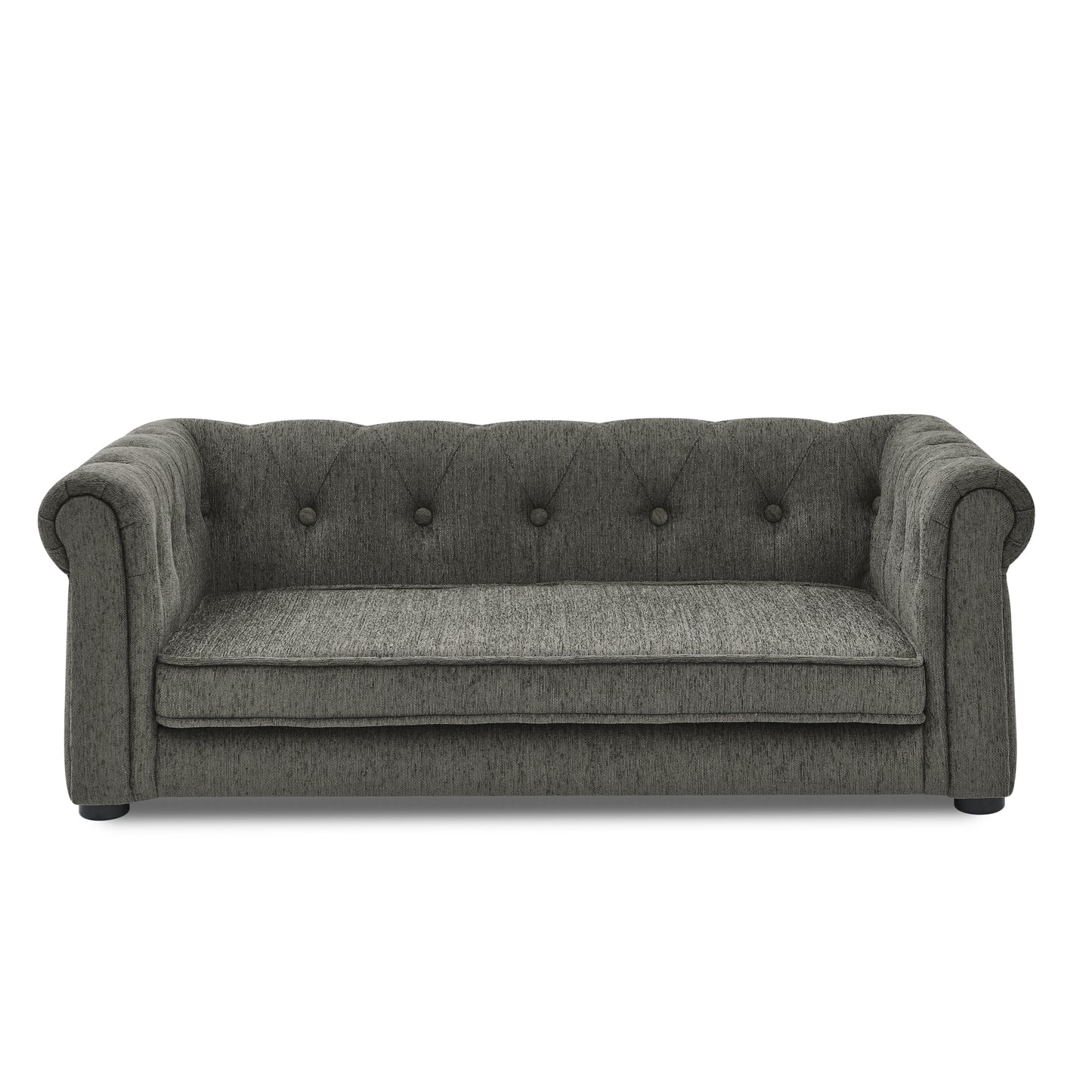 Dark grey tufted chesterfield sofa with rolled arms perfect for a classic living room