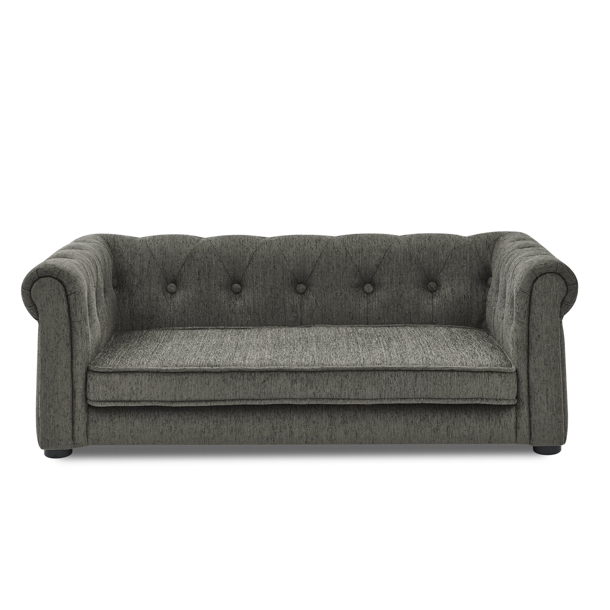 Dark grey tufted chesterfield sofa with rolled arms perfect for a classic living room