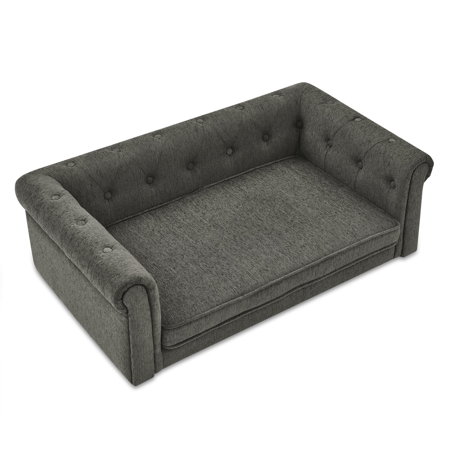 Dark gray tufted fabric dog couch with rolled arms and plush cushion