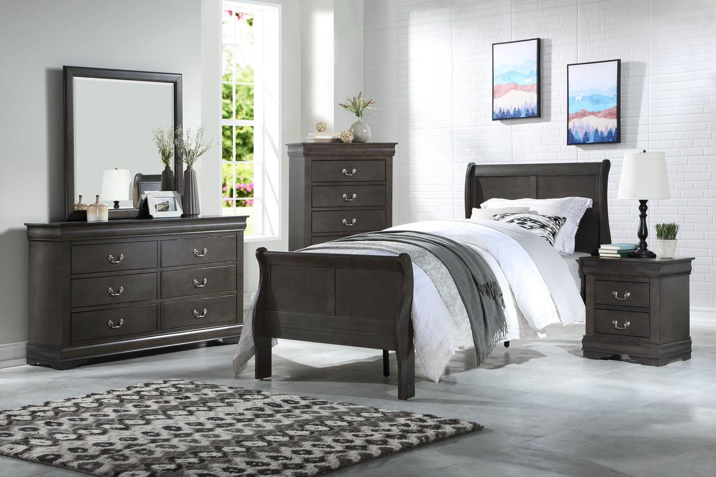 Dark brown sleigh bed with white bedding and grey throw blanket
