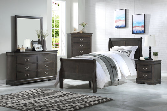 Dark brown sleigh bed with white bedding and grey throw blanket