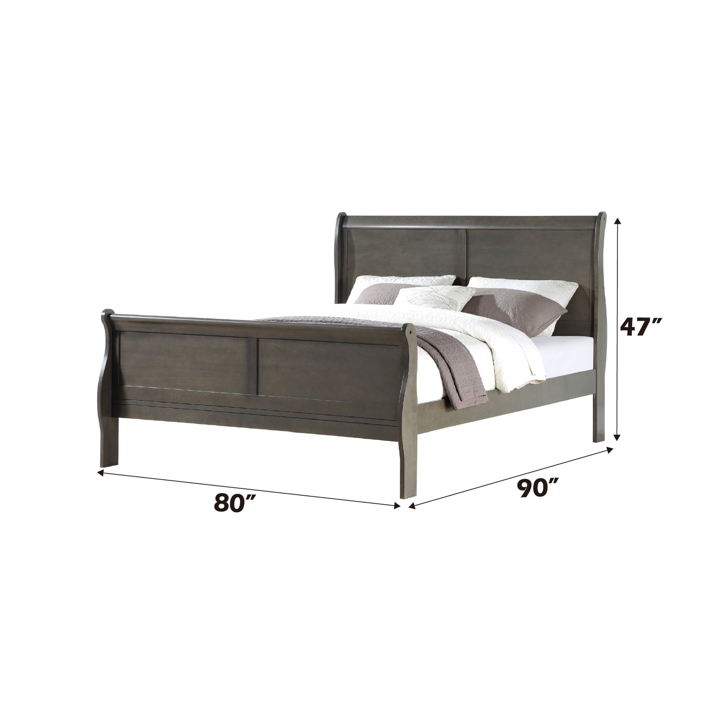 Gray wooden sleigh bed frame with upholstered headboard and footboard