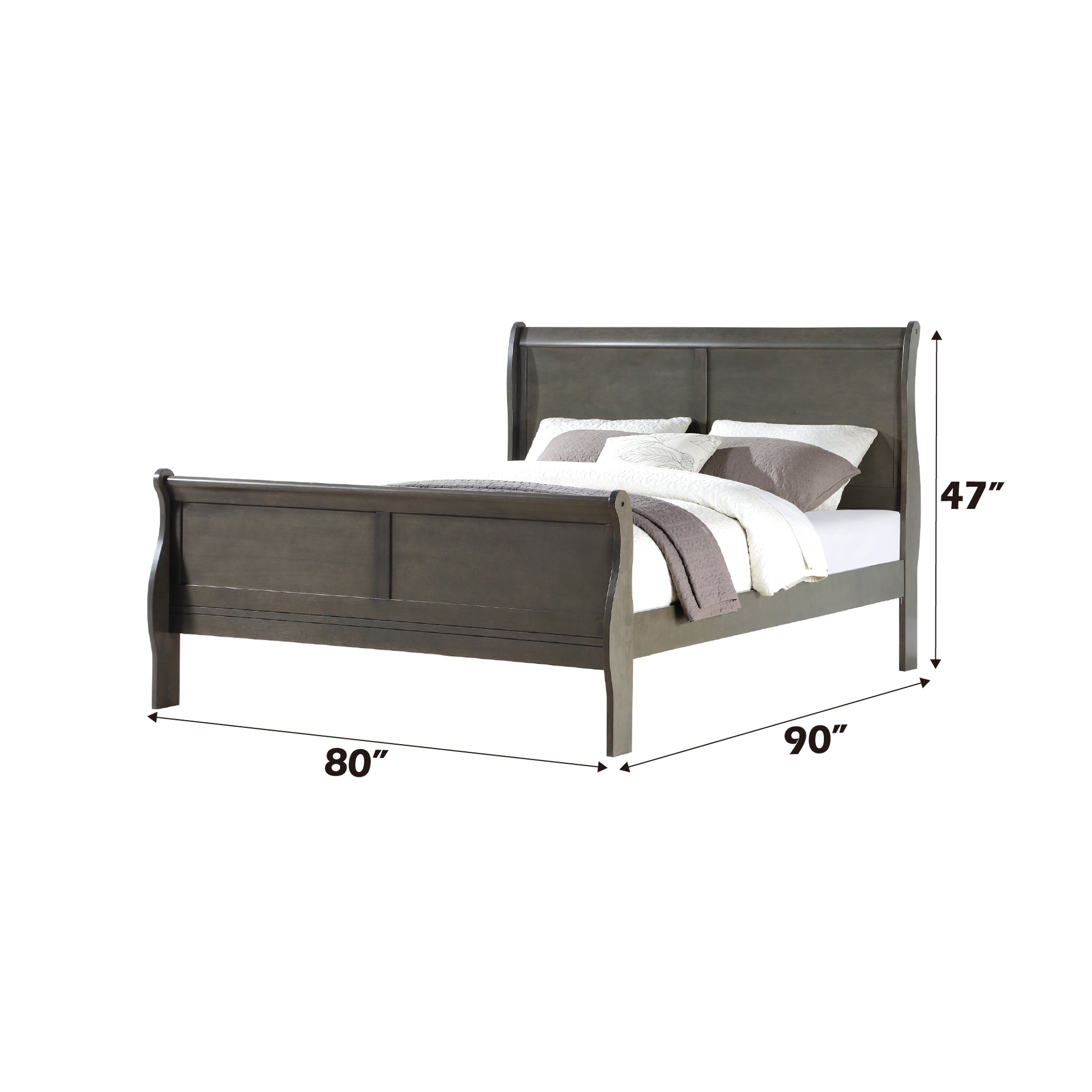 Gray wooden sleigh bed frame with upholstered headboard and footboard