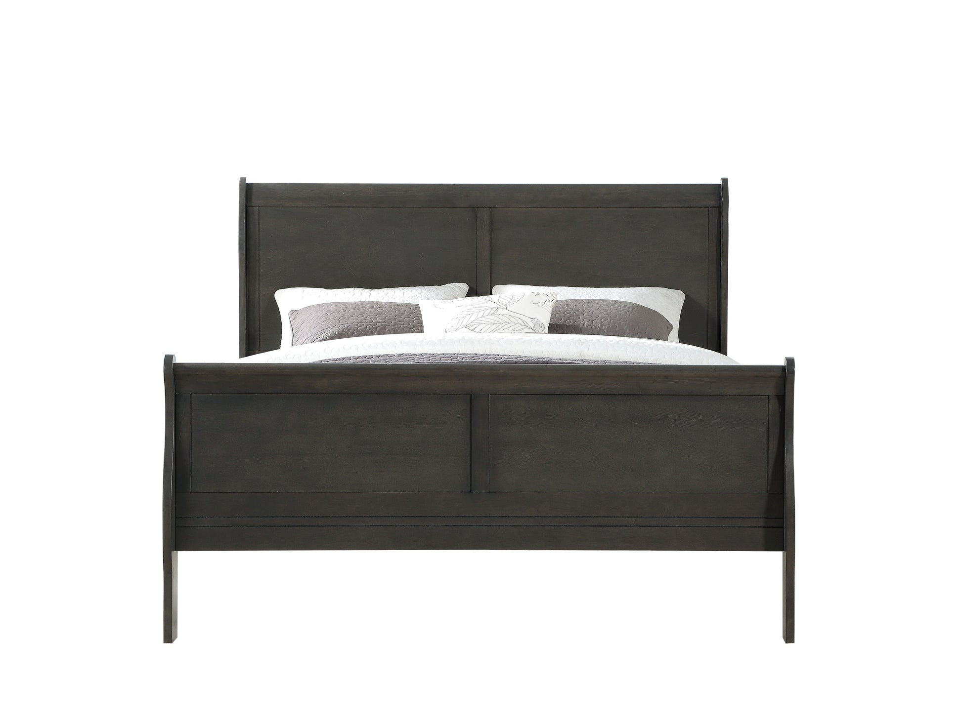 Dark gray wooden sleigh bed frame with upholstered bedding