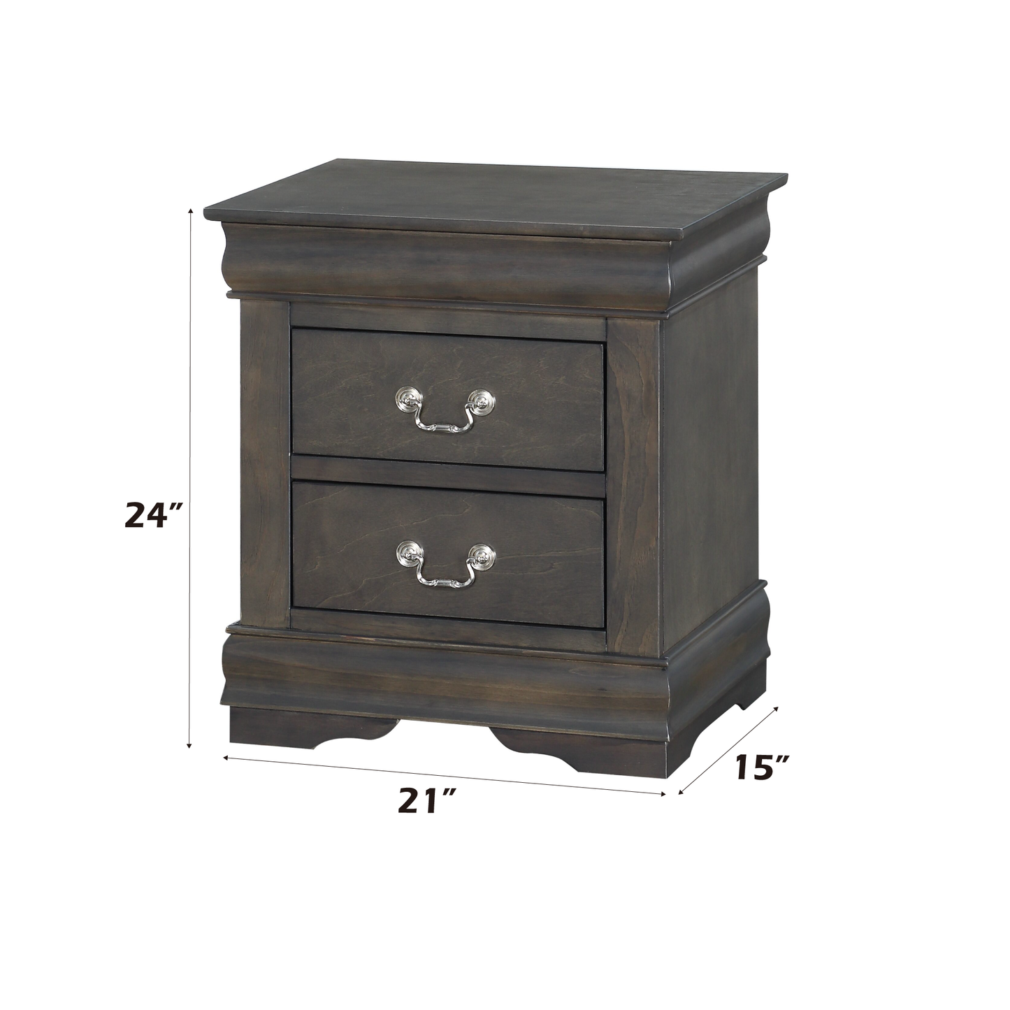Dark gray wooden nightstand with two drawers and silver pulls