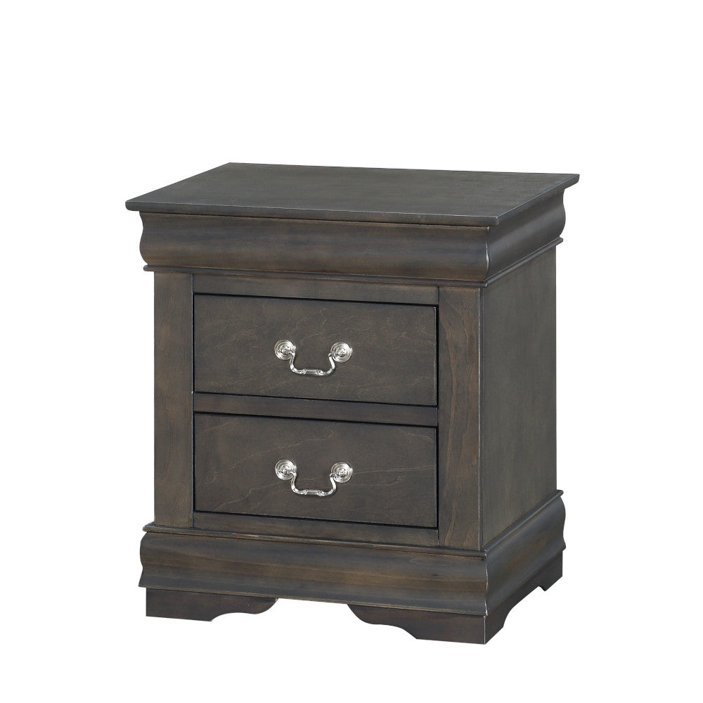 Dark gray wood bedside table with two drawers and silver pulls