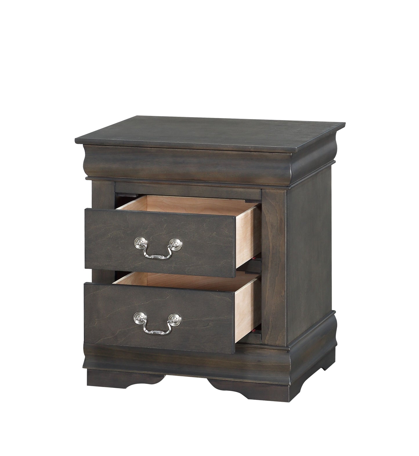 Dark grey wood bedside table with two drawers and ornate silver pulls