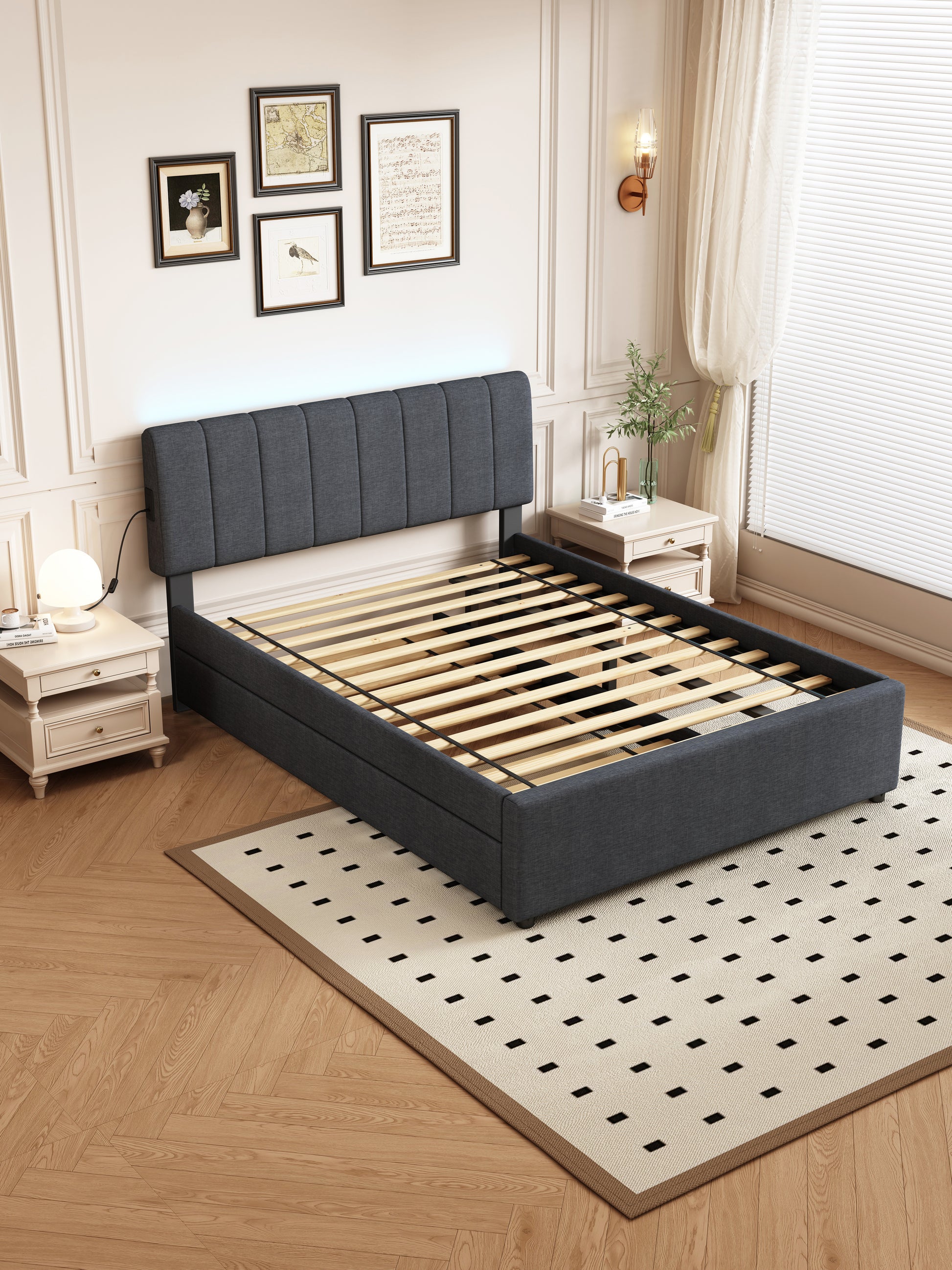 Dark gray upholstered platform bed frame with tufted headboard and wooden slats