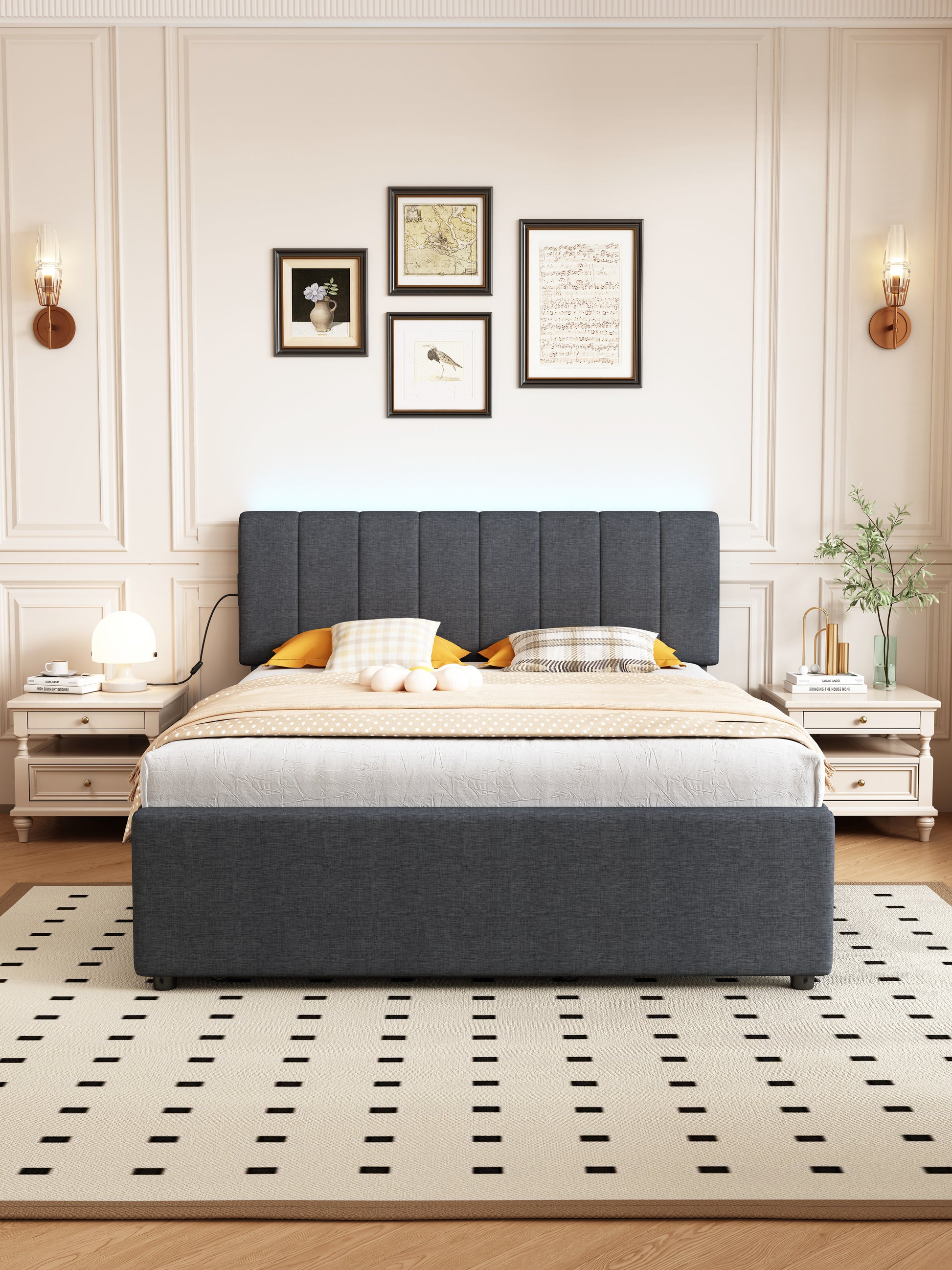 Dark grey upholstered platform bed with a channeltufted headboard