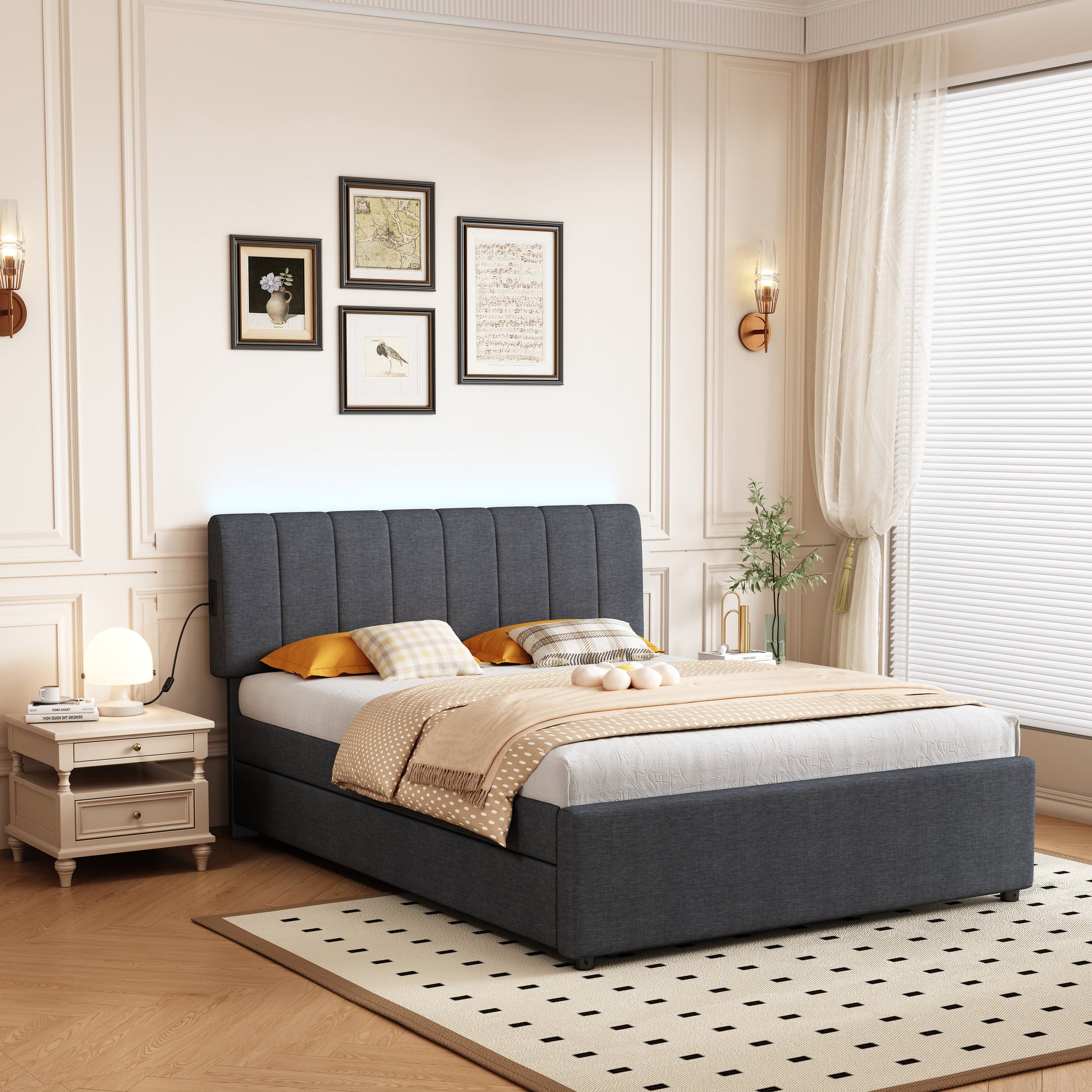 Dark gray upholstered platform bed frame with tufted headboard and storage drawers