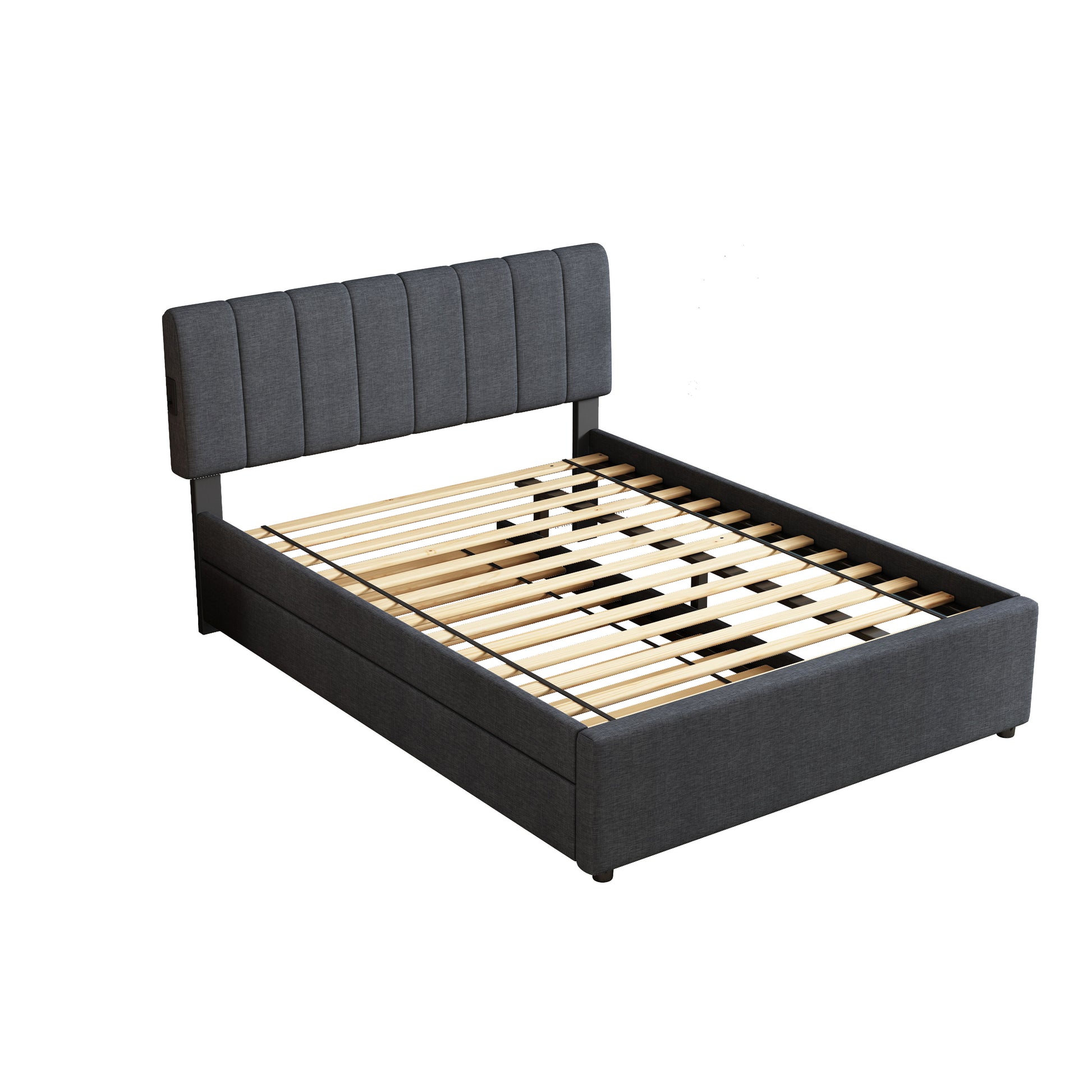 Dark grey upholstered bed frame with tufted headboard and wooden slats