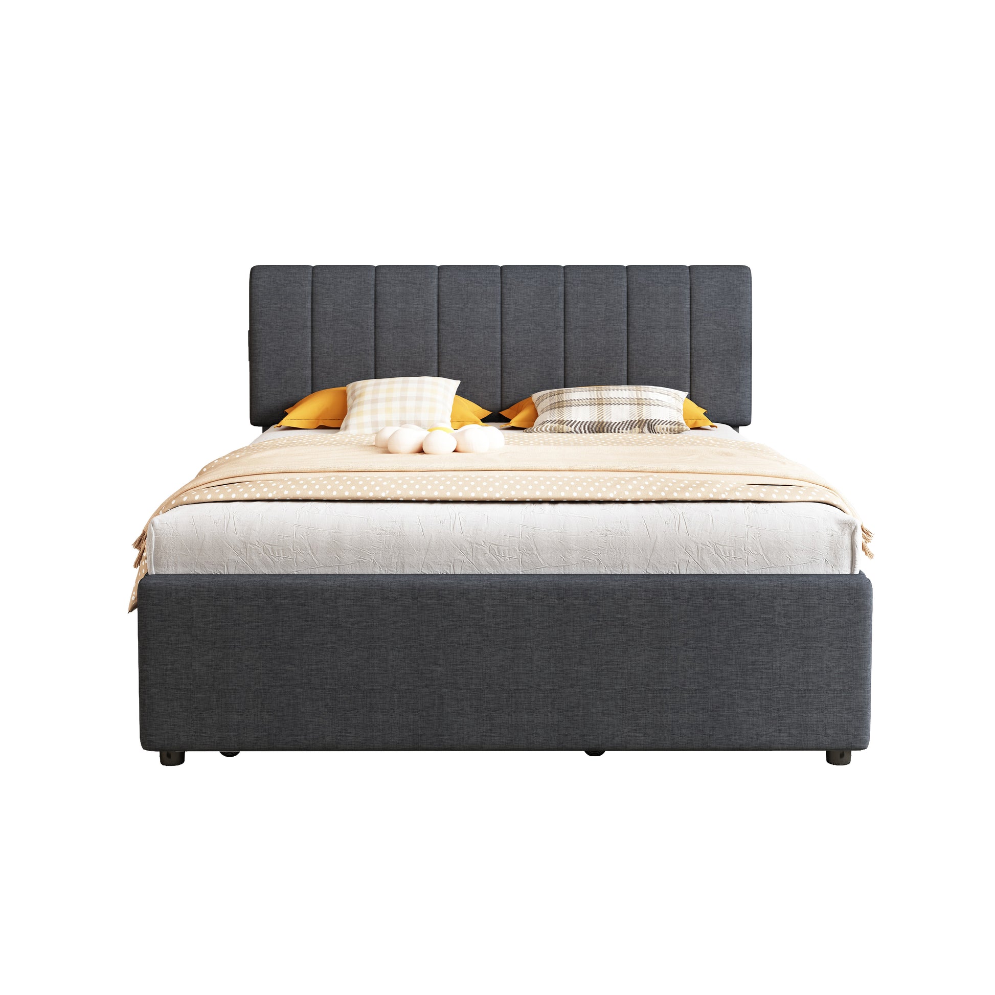 Upholstered dark grey modern platform bed with tufted headboard and storage base
