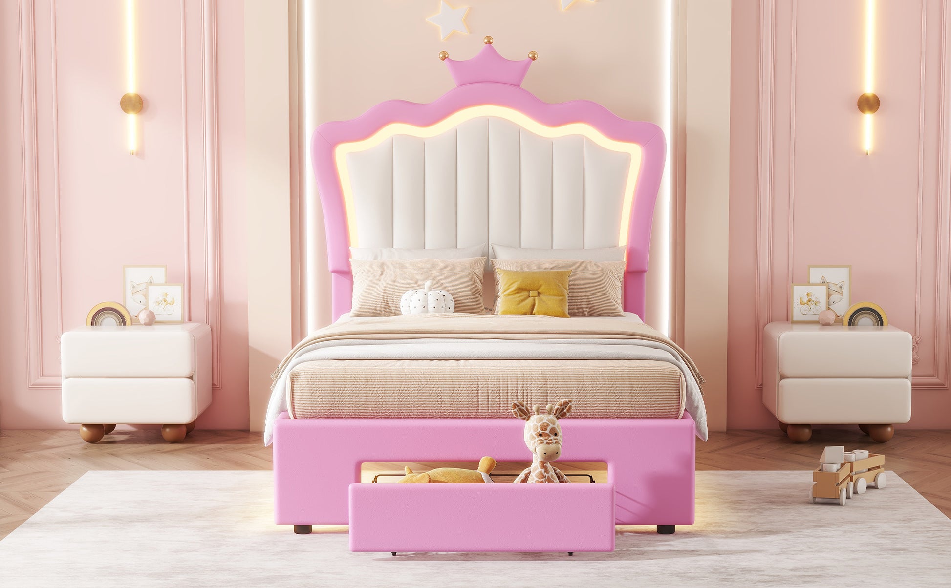 Pink twin bed with crown headboard and builtin storage