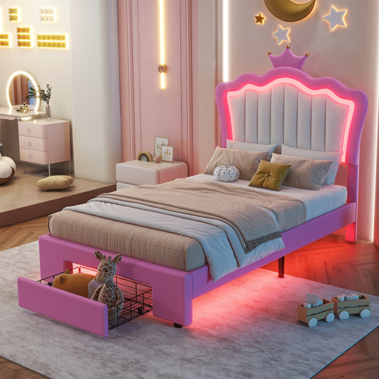 Pink princess bed with LED crown headboard and storage drawer