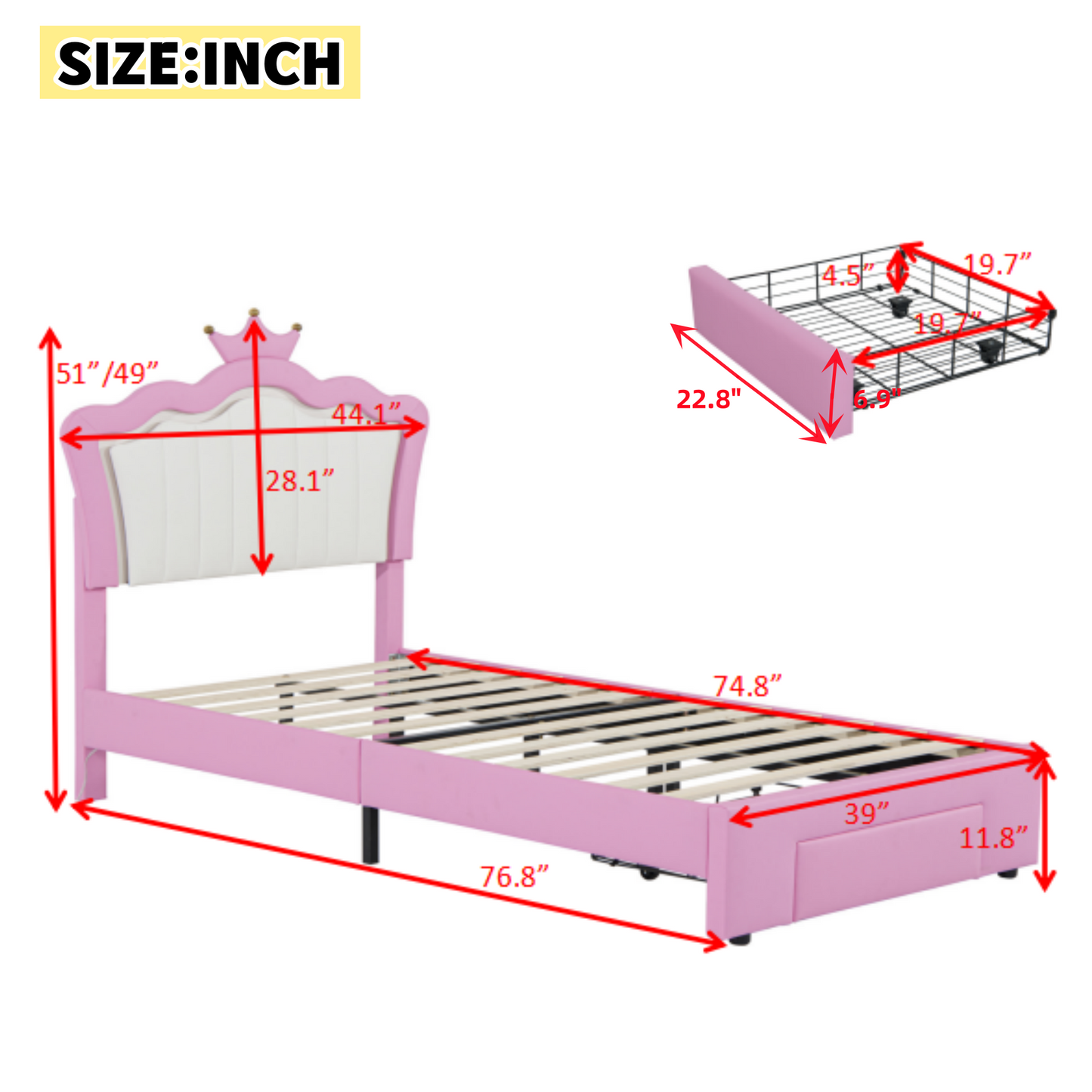 Pink twin bed frame with crown headboard