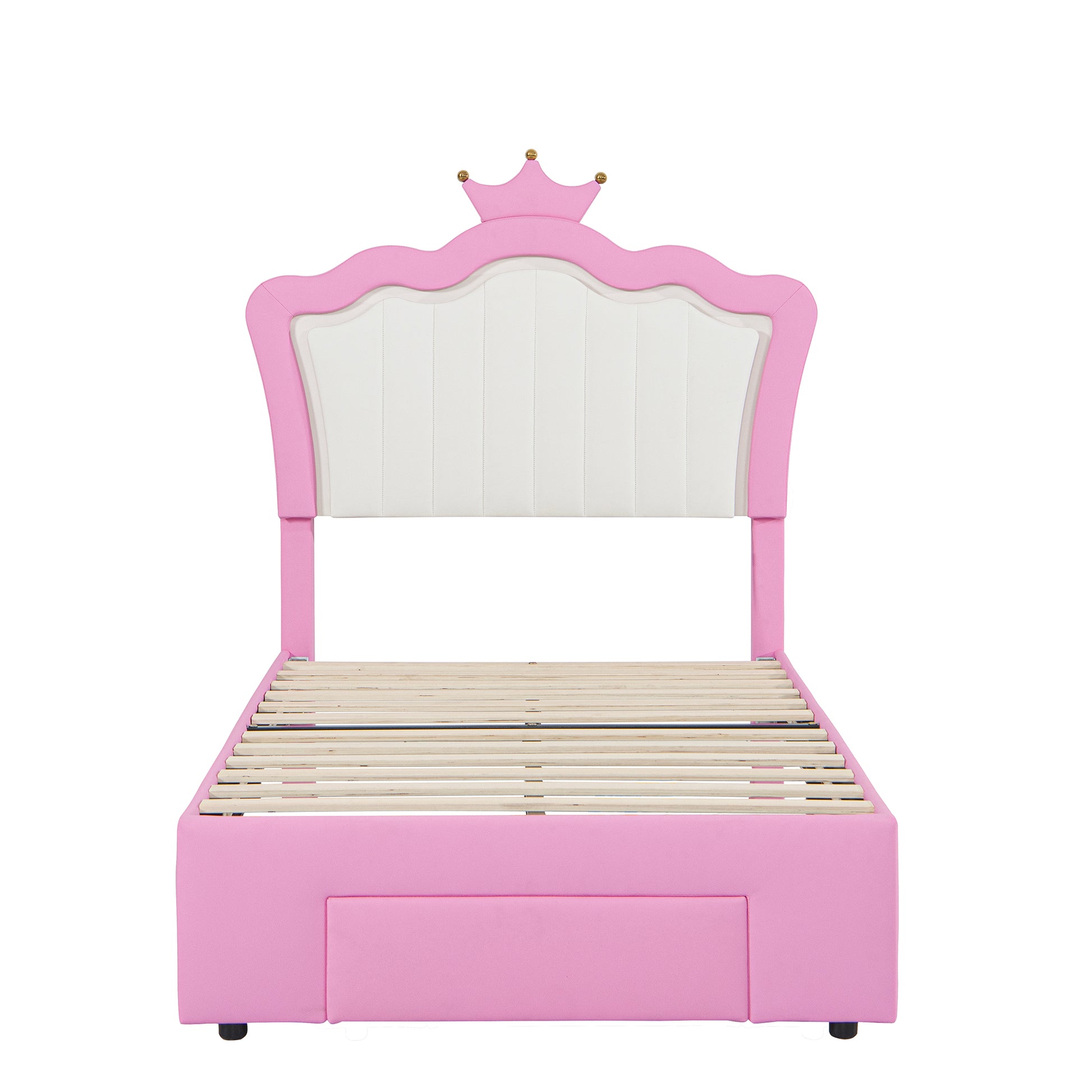 Pink twin bed with crown headboard and storage drawer