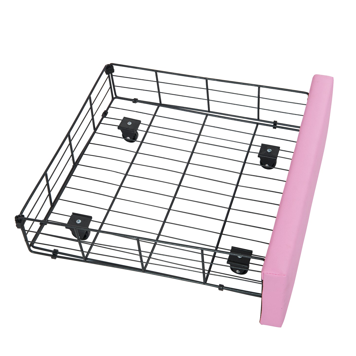Black wire storage basket with pink padded edge and casters