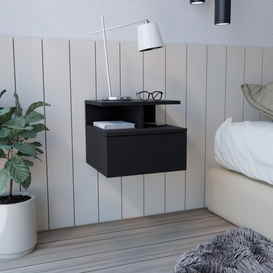 Modern black floating nightstand with open shelf and drawer
