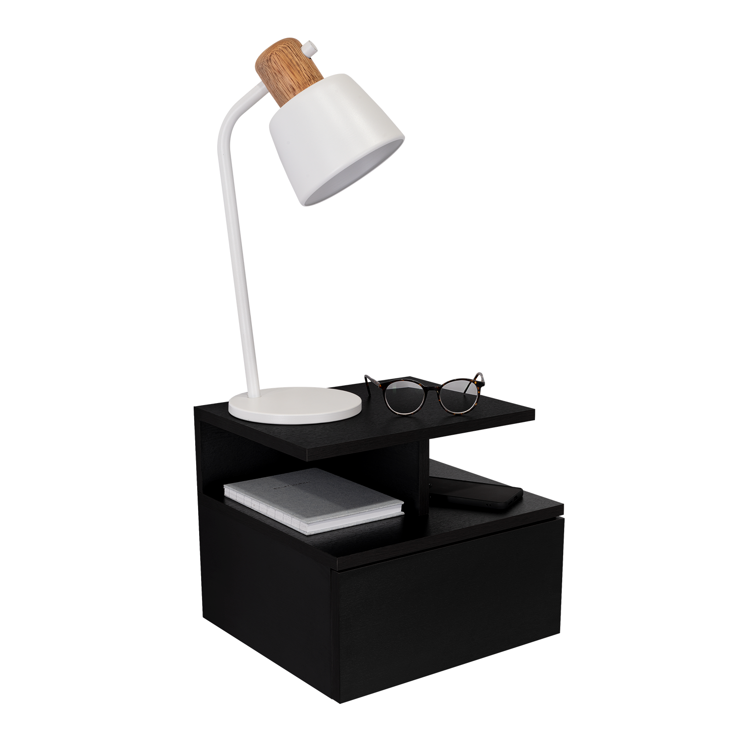 Modern white desk lamp with wooden accent on black nightstand