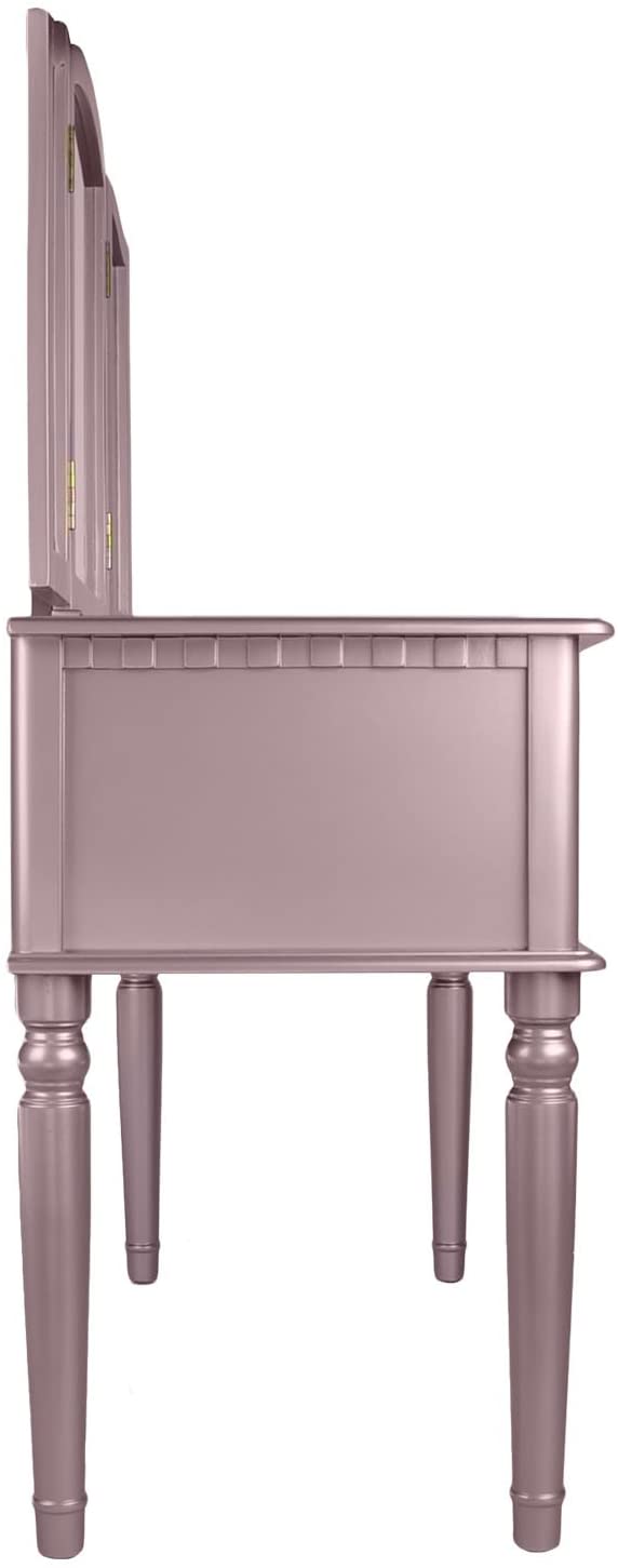 Pink vanity table with ornate legs and hinged mirror panels