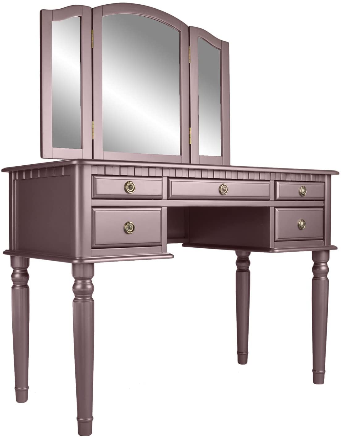 Rose gold vanity table with trifold mirror and multiple drawers