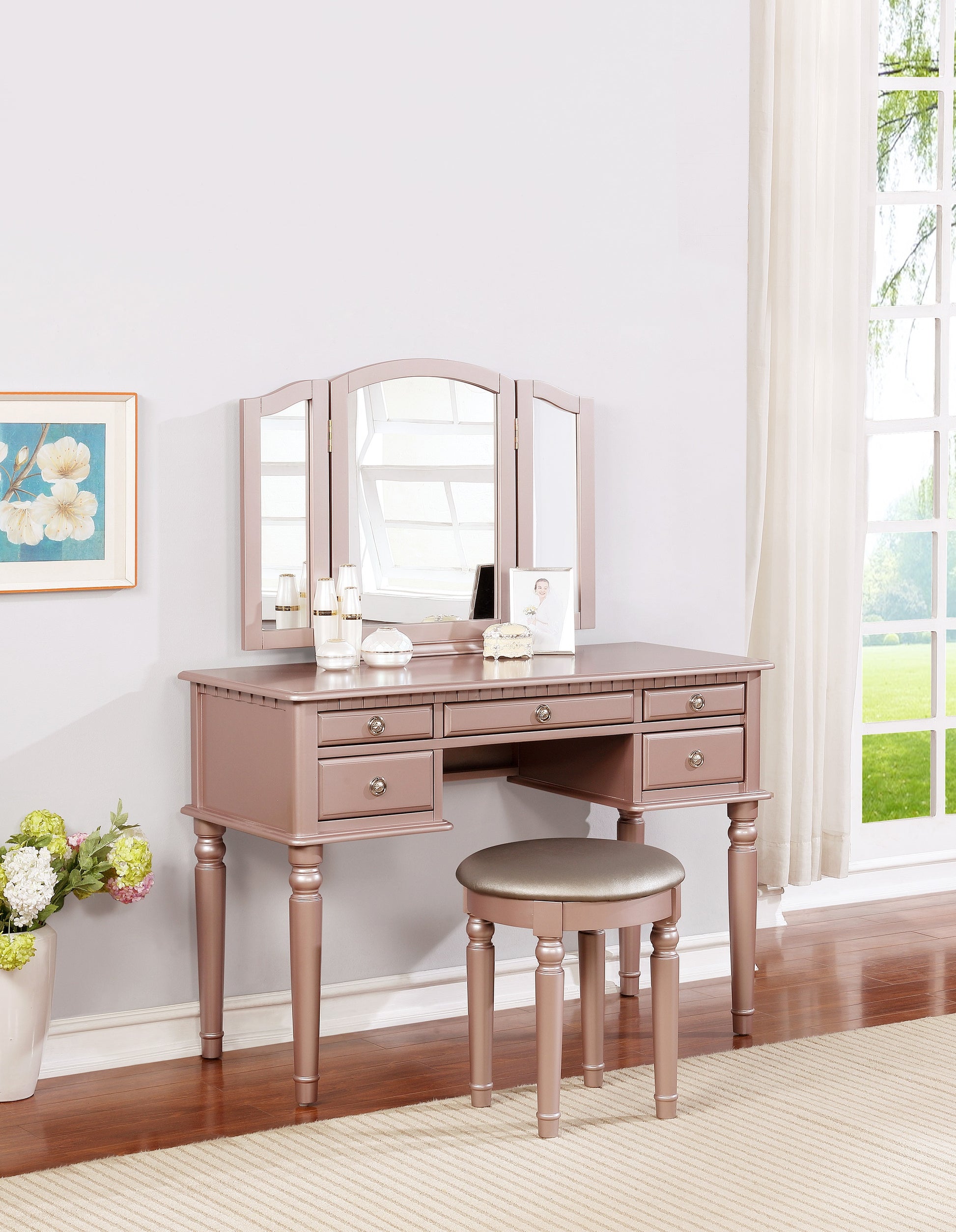 Rose gold vanity table with triptych mirror and matching stool