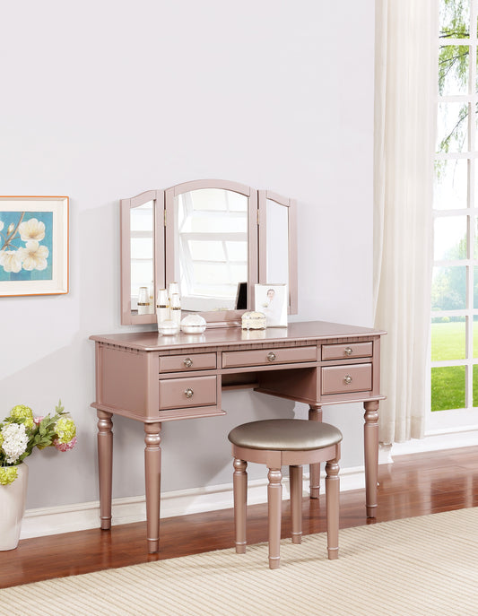 Rose gold vanity table with triptych mirror and matching stool
